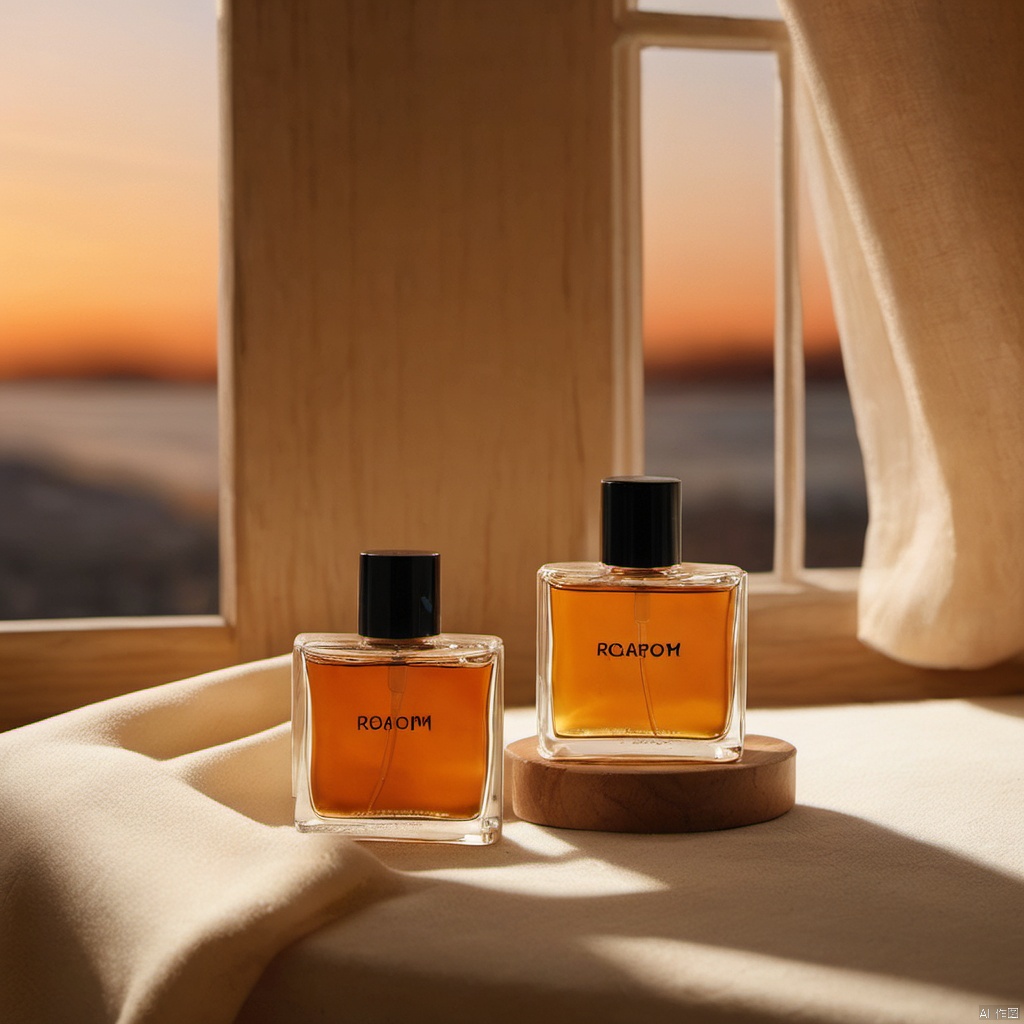 xihuwen, Perfume, wood, Windowsill, Silk, Amber and beige themes, sunset, 8k, HD,