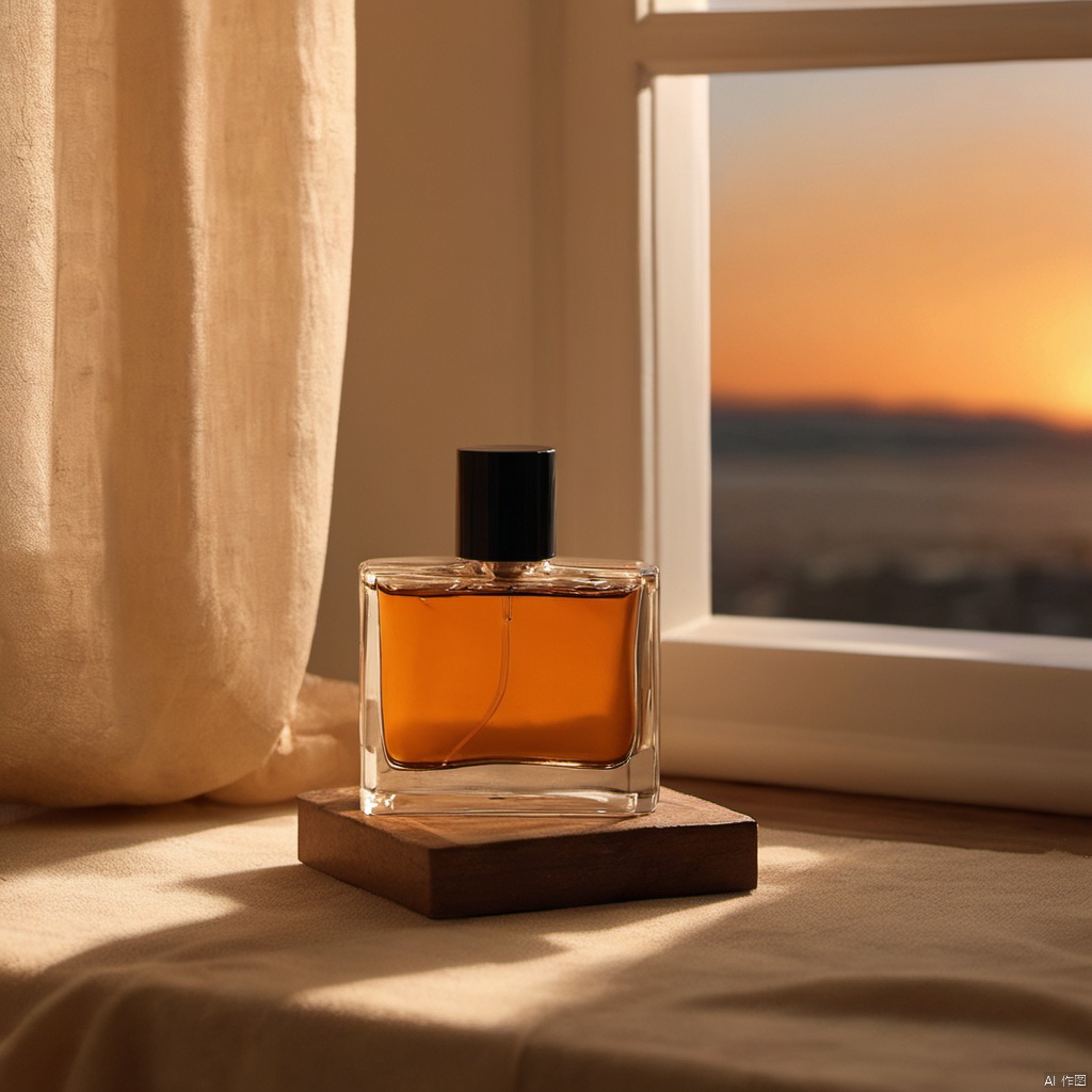 xihuwen, Perfume, wood, Windowsill, Silk, Amber and beige themes, sunset, 8k, HD,