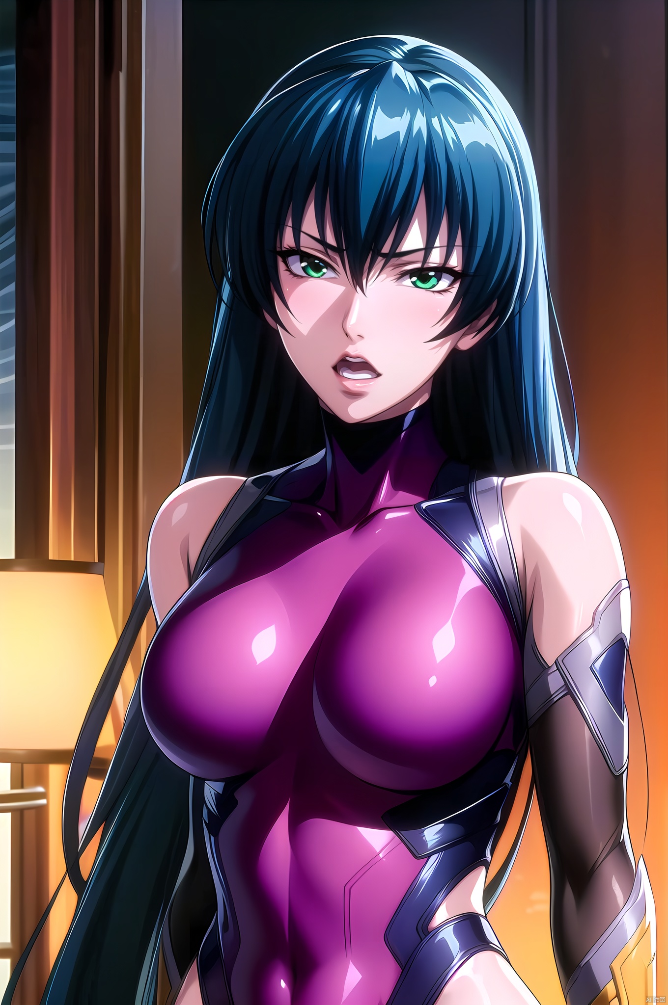 Asagi, 1girl, solo, weapon, sword, blue hair, green eyes, long hair, open mouth, katana, night, anime coloring, bodysuit,upper_body,nice hands, Beautiful long legs, Beautiful body, Beautiful character design, perfect balance, looking at viewer, closed mouth, official art, extremely detailed CG unity 8k wallpaper, perfect lighting, Colorful, White skin, (masterpiece:1), (best_quality:1), ultra high res, 4K, ultra-detailed, photography, 8K, HDR, highres, absurdres:1.2, Kodak portra 400, film grain, blurry background, bokeh:1.2, lens flare, (vibrant_color:1.2), professional photograph, (beautiful_face:1.5), (narrow_waist), dark studio, , Asagi