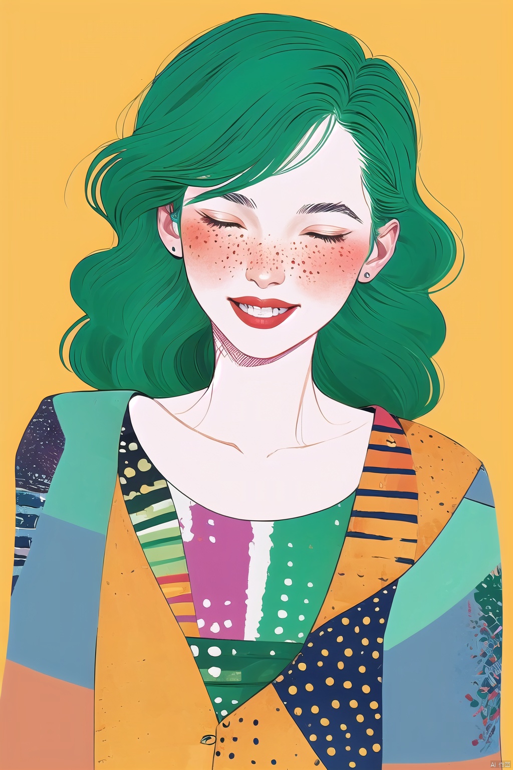 CX,  1girl,  solo,  smile,  closed eyes,  freckles,  green hair,  teeth,  grin,  upper body,  red lips,<lora:EMS-261798-EMS:1.000000>