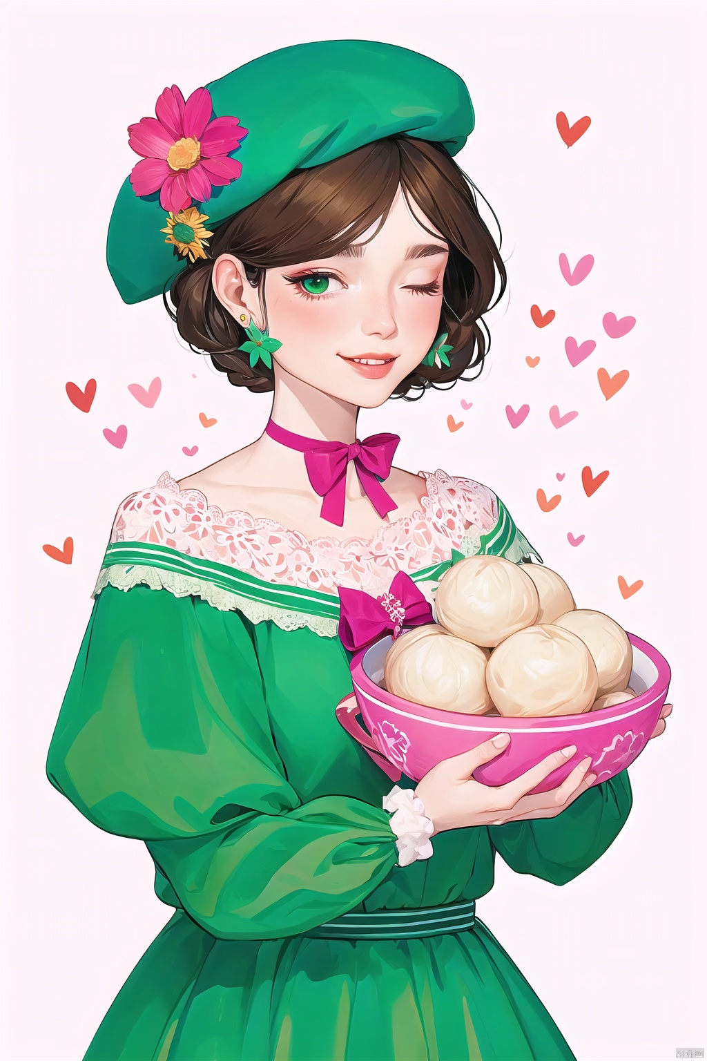 CX,  Winter Solstice,  a bowl of dumplings,  oversized food,  1girl,  looking at the viewer,  short hair,  bangs,  brown hair,  hair accessories,  hat,  bow,  ribbon,  bare shoulders,  jewelry,  green eyes,  upper body,  pink hair,  flowers,  heart,  headband,  earrings,  one eye closed,  choker,  hair flower,  bow tie,  off the shoulders,  grin,  head tilt,  eyelashes,  sparkles,  beret,  white headdress,  pink background,  pink bow,  red flower,  lace decoration,  lace,  pink flower,  cap flower,  lace choker,  bowl,  dumpling,  hug,  chibi,  double braid,<lora:EMS-261798-EMS:1.000000>