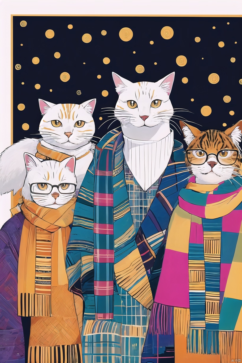 CX,  cat,  white fur,  short fur,  gold-rimmed glasses,  audience-oriented,  colorful scarf, touxiang,  whiskers,  cool,<lora:EMS-261798-EMS:1.000000>