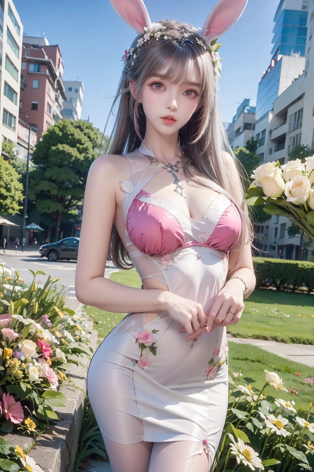 Girl, rabbit ears, breasts, architecture, cityscape, daisies, earrings, flowers, hair flowers, hair ornaments, (hands on chest) , lilies (flowers) , look at the audience, pantyhose, parted lips, pink flowers, (white dress) , bare shoulders, skyscrapers, solos, white flowers, white hair, white roses, windows