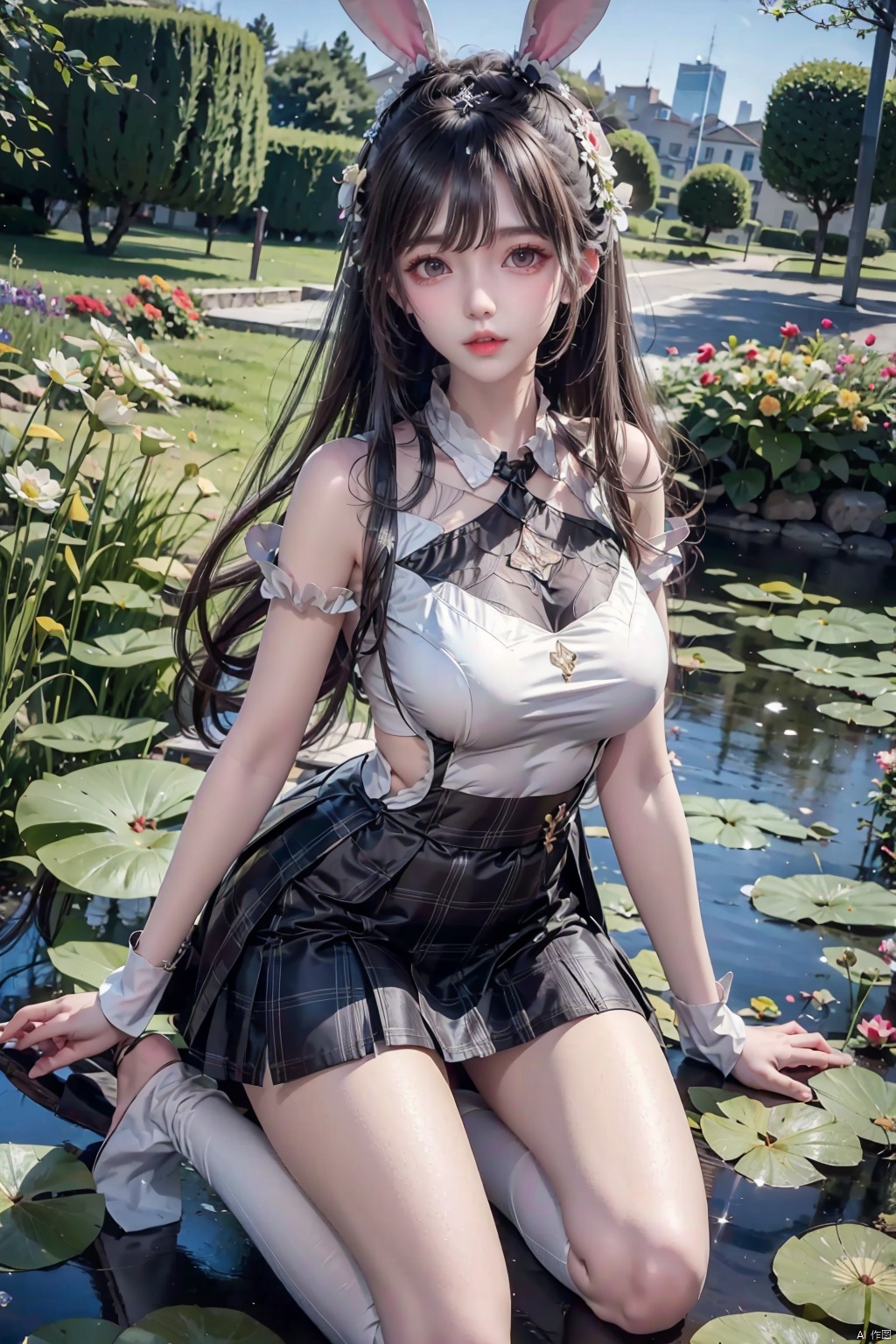 1 girl, rabbit ears, long black legs, chest, collared shirt, Daisy, Dandelion, flower background, flower, kneeling, body, Lily (flower) , Lily pad, long hair, watch audience, Lotus, medium chest, outdoors, pantyhose, parted lips, plaid, Plaid skirt, pleated skirt, school uniform, shirt, shoes, skirt, Snowflake, solo, white flower, white hair, white shirt