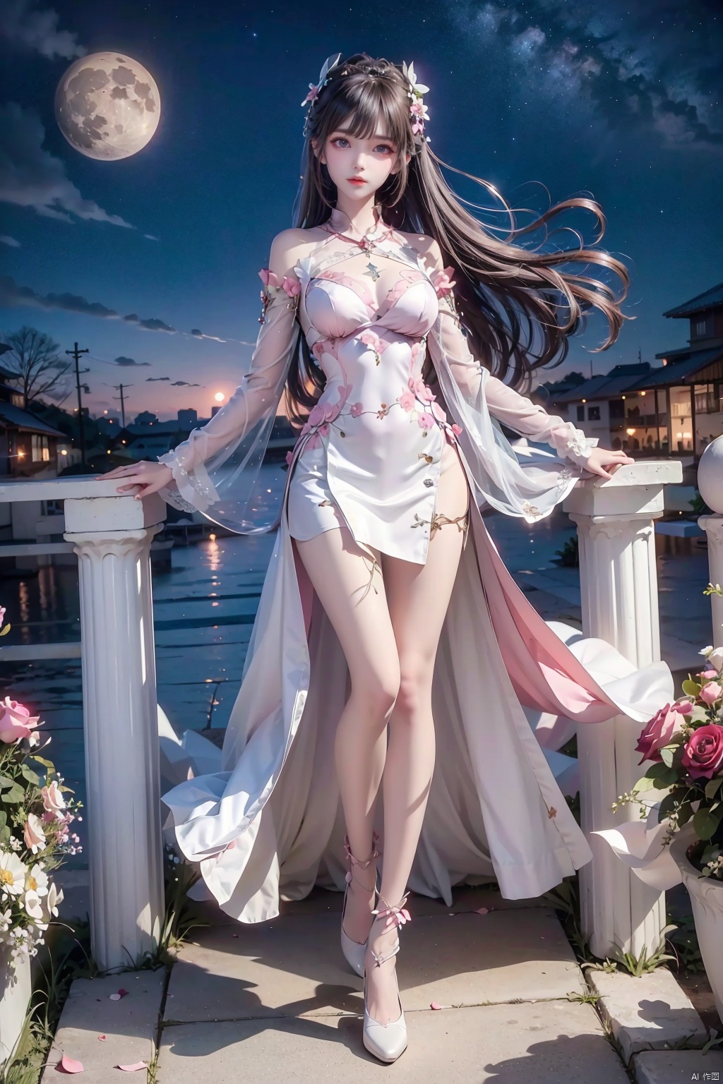 1 girl, Aurora, Bangs, bare shoulders, black shoes, white stockings, blue eyes, boots, bow, chest, (gradual change) , cherry blossoms, City Lights, shut up, clouds, sleeves, clothes, falling flowers, flowers, full moon, (white top hat) , bow, knees, long hair, long sleeves, looking at audience, medium chest, galaxy, Moon, night sky, outdoors, petals, pink flowers, pink roses, railings, roses, rose petals, Meteor, sky, Solo, space, standing, Star (Sky) , star, star print, thigh, long hair, white skirt, white flower, white headdress