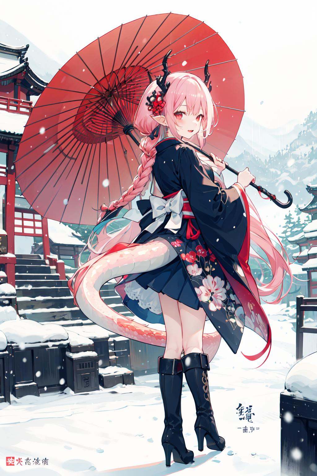 -dragon girl, 1girl, oil-paper umbrella, solo, umbrella, dragon tail, long hair, horns, tail, pink hair, braid, boots, dragon girl, dragon horns, looking at viewer, snow, architecture, standing, looking back, east asian architecture, ribbon, japanese clothes, outdoors, wide sleeves, red eyes, long sleeves, black footwear, full body, scales, bangs, high heels, high heel boots, hair ribbon, holding umbrella, from behind, skirt, black ribbon, stairs, snowing<lora:dragon girl_20240110103648-000018:0.8>,