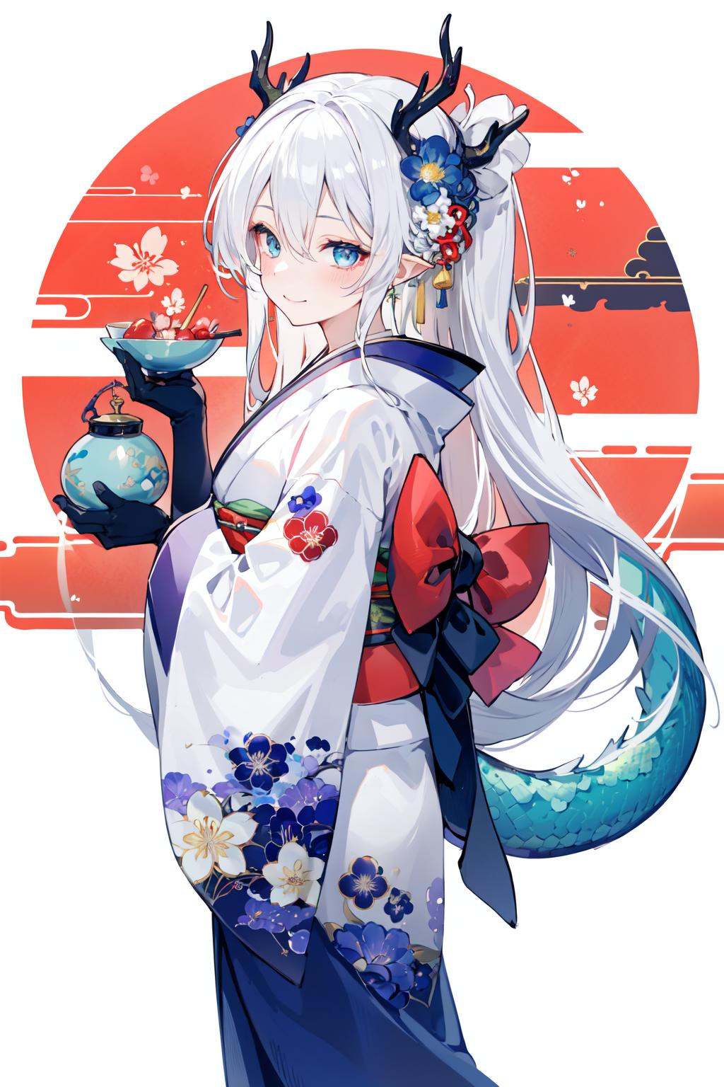 -dragon girl, 1girl, solo, tail, kimono, horns, blue eyes, japanese clothes, gloves, floral print, dragon girl, long hair, white background, dragon tail, flower, looking at viewer, obi, hair ornament, black gloves, blue flower, bangs, sash, long sleeves, white kimono, hair flower, white hair, dragon horns, wide sleeves, hair between eyes, print kimono, simple background, closed mouth, hand up, blush, smile, multicolored hair, bow, blue bow, from side, standing, looking to the side, floral background<lora:dragon girl_20240110103648-000018:0.8>,