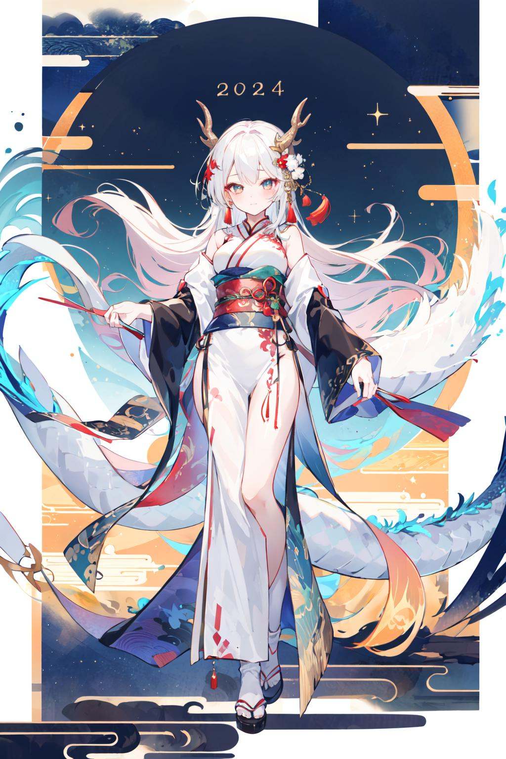 -dragon girl, eastern dragon, 1girl, dragon, hanfu, long hair, wide sleeves, white hair, long sleeves, chinese clothes, sash, sparkle, scales, standing, bangs, closed mouth, hair ornament, full body, solo, looking at viewer, horns, shawl, dress, hagoromo<lora:dragon girl_20240110103648-000018:0.8>,