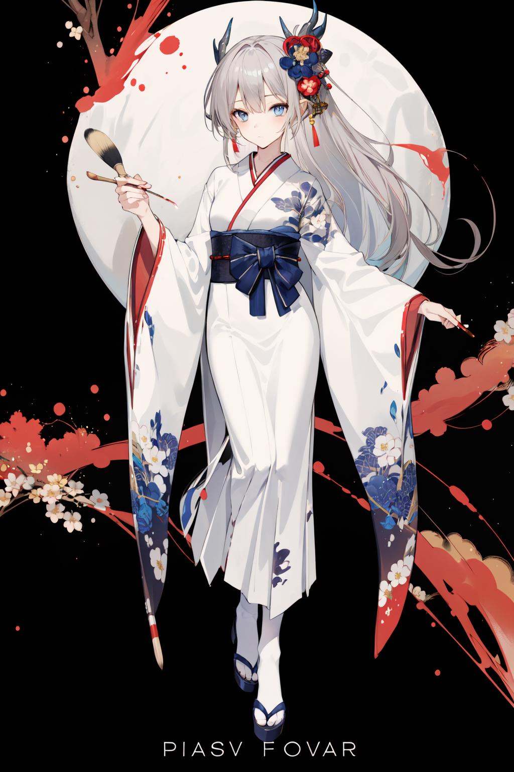 (masterpiece:1.2),best quality,PIXIV,dragon girl, 1girl, solo, paintbrush, ink, flower, hair ornament, hair flower, japanese clothes, looking at viewer, holding, branch, red flower, grey hair, kimono, standing, blue eyes, full body, bangs, holding paintbrush, long sleeves, floral print, white background, dragon, hakama, grey eyes, calligraphy brush, long hair, closed mouth, skirt, hakama skirt, simple background, blood, holding brush<lora:dragon girl_20240110103648:0.8>,
