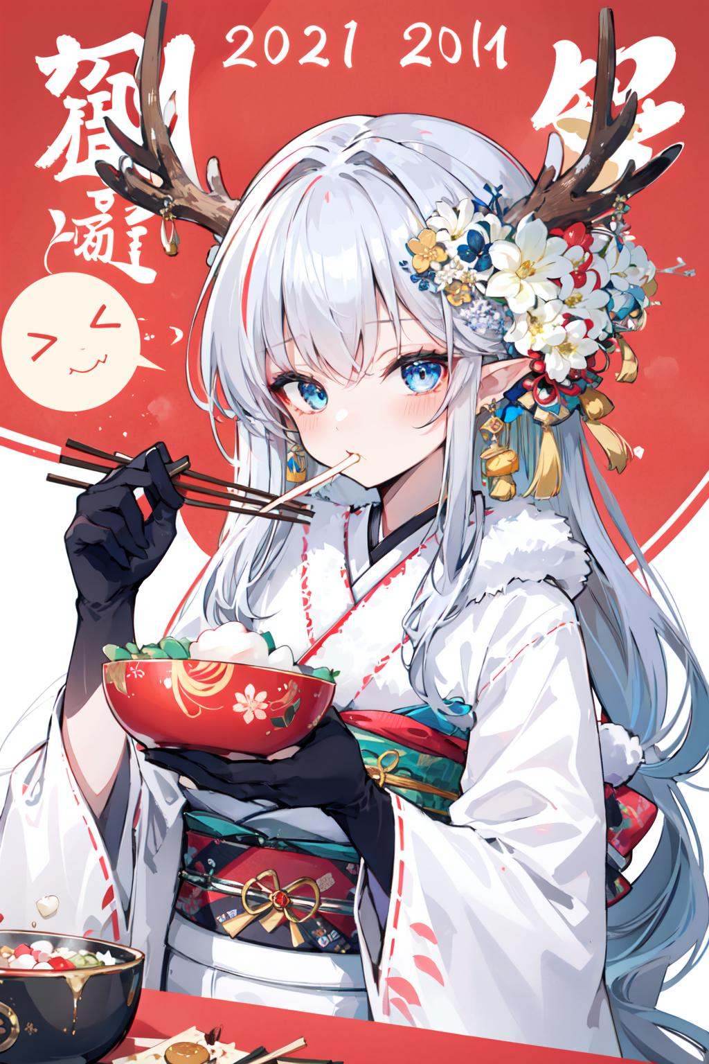 -dragon girl, 1girl, solo, hair ornament, flower, chopsticks, food, hair flower, holding, pointy ears, gloves, long hair, jewelry, holding chopsticks, eating, white flower, blue eyes, black gloves, bowl, kimono, japanese clothes, looking at viewer, upper body, blush, earrings, holding bowl, noodles, fur trim, bangs, antlers, multicolored hair, sash, long sleeves, mochi, horns, new year, wide sleeves, obi<lora:dragon girl_20240110103648-000018:0.8>,