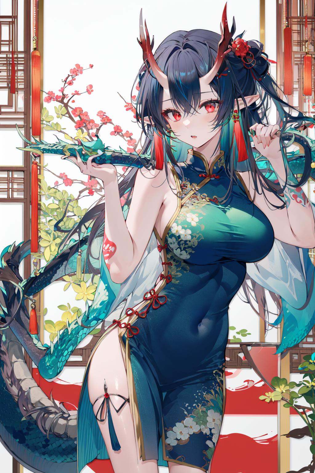 (masterpiece:1.2),best quality,PIXIV,dragon girl,dusk \(arknights\),1girl,black hair,horns,dress,long hair,pointy ears,tail,breasts,red eyes,multicolored hair,official alternate costume,dragon horns,jewelry,streaked hair,earrings,holding,blue dress,dragon tail,sleeveless dress,sleeveless,colored skin,solo,tassel earrings,covered navel,china dress,large breasts,very long hair,arm tattoo,green skin,tattoo,chinese clothes,dragon girl,bare shoulders,bangs,cowboy shot,indoors,ink,tassel,hands up,green dress,beads,<lora:dragon girl_20240110103648-000018:0.8>,