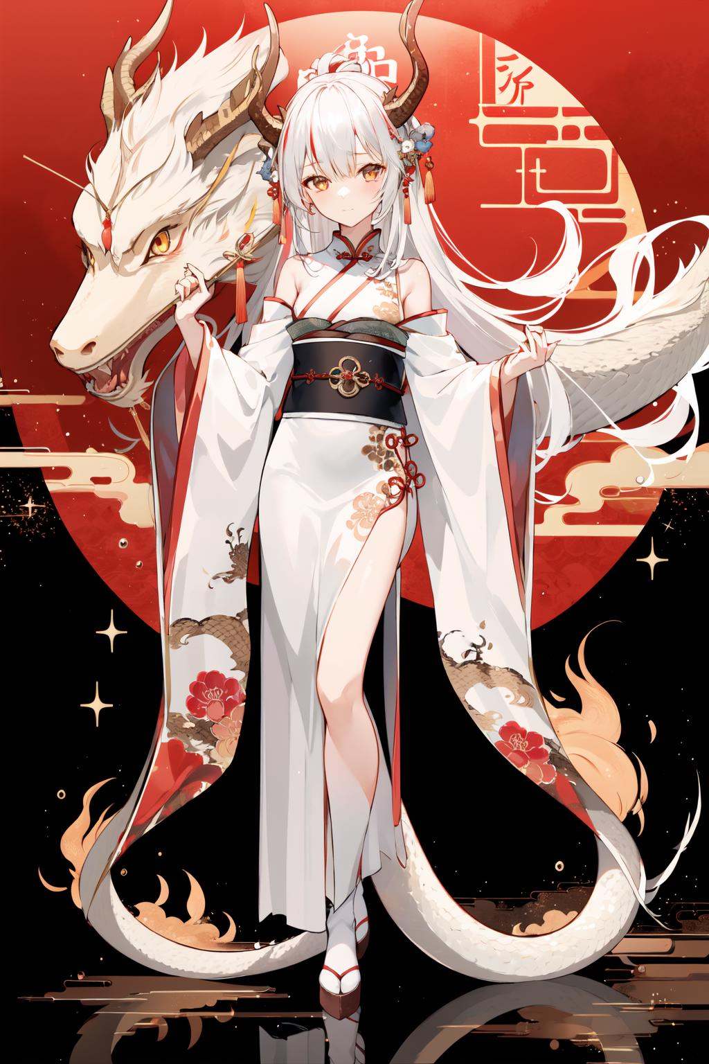 -dragon girl,eastern dragon,1girl,dragon,hanfu,long hair,wide sleeves,white hair,long sleeves,chinese clothes,sash,sparkle,scales,standing,bangs,closed mouth,hair ornament,full body,solo,looking at viewer,horns,shawl,dress,hagoromo,<lora:dragon girl_20240110103648:0.8>,
