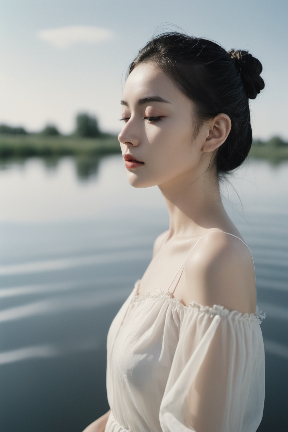 analog film photo A black-haired girl,  wearing a white dress,  with a single hair bun adorned with a hairpin on Tensor.Art