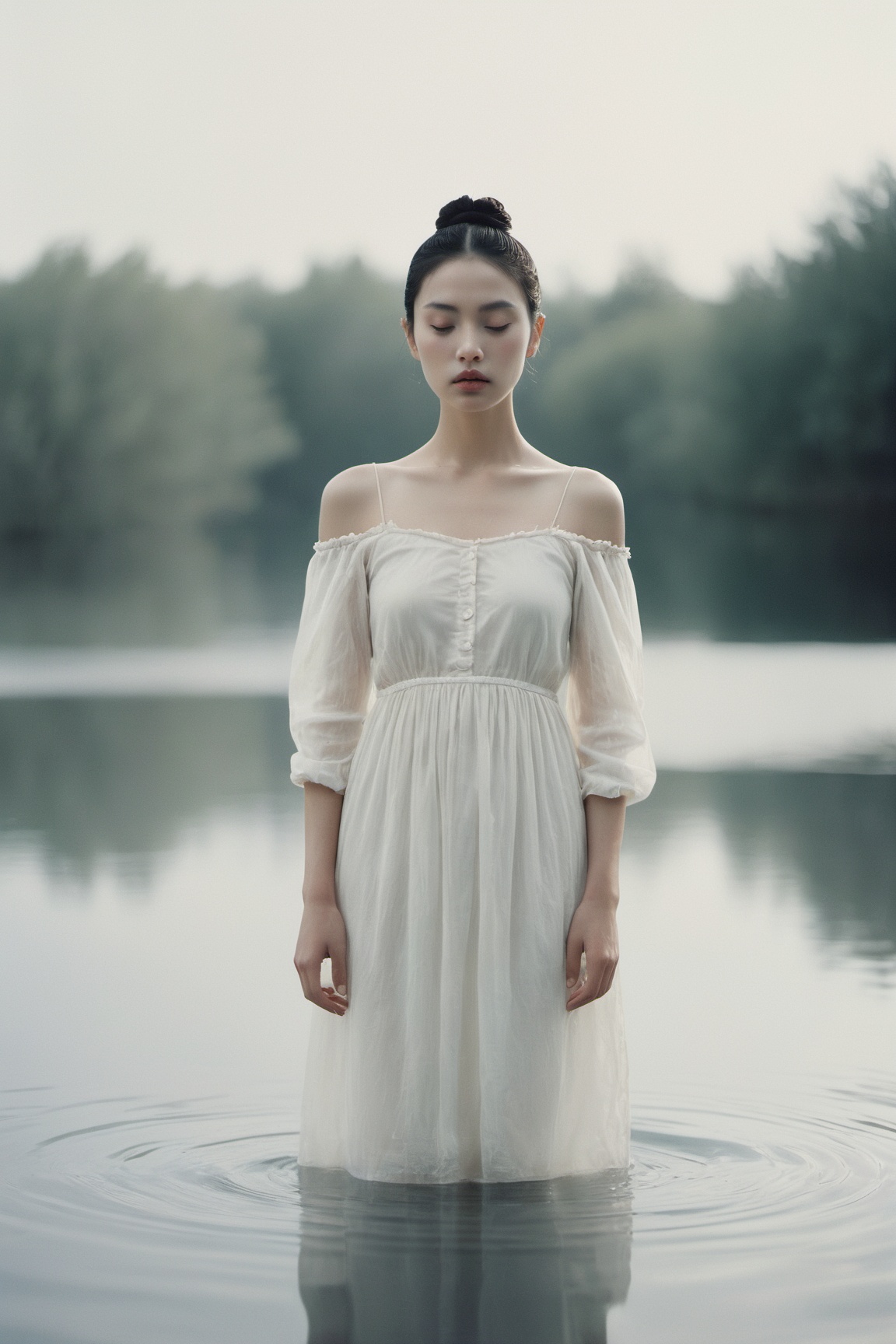 analog film photo A black-haired girl,  wearing a white dress,  with a single hair bun adorned with a hairpin on Tensor.Art