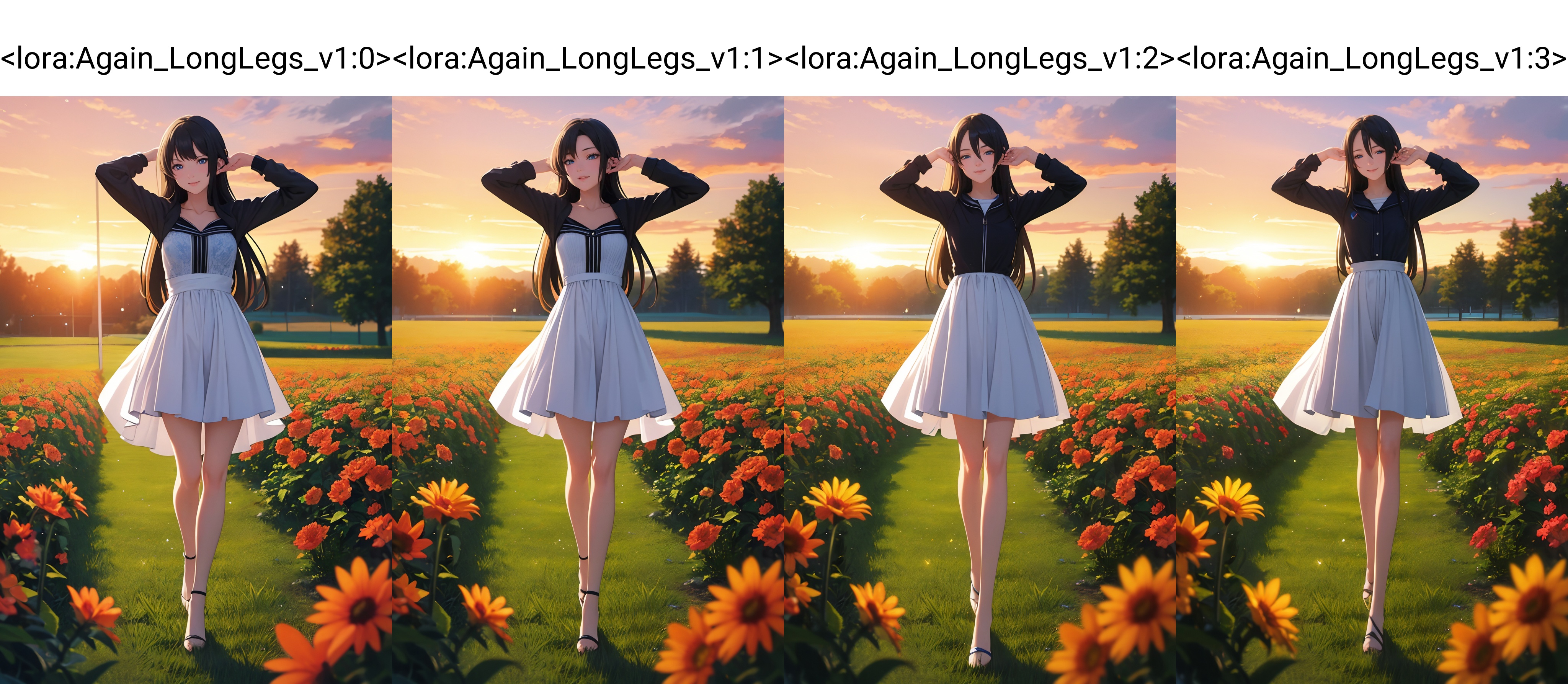 (photorealistic:1.4),(Realistic:1.2),(ultra high res, raw photo:1.4),(hdr, hyperdetailed:1.2),(8K:1.2),cinematic photo 1girl,(black long straight hair:1.2),standing,(full body:1.2),dress,(stretch legs:1.2),walking in a field of wildflowers at sunset Anime-style portrait of a teenage girl with sparkling blue eyes and a gentle smile,<lora:Again_LongLegs_v1:0>,