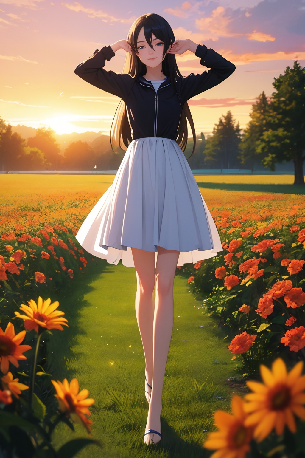 (photorealistic:1.4),(Realistic:1.2),(ultra high res, raw photo:1.4),(hdr, hyperdetailed:1.2),(8K:1.2),cinematic photo 1girl,(black long straight hair:1.2),standing,(full body:1.2),dress,(stretch legs:1.2),walking in a field of wildflowers at sunset Anime-style portrait of a teenage girl with sparkling blue eyes and a gentle smile,<lora:Again_LongLegs_v1:2>,