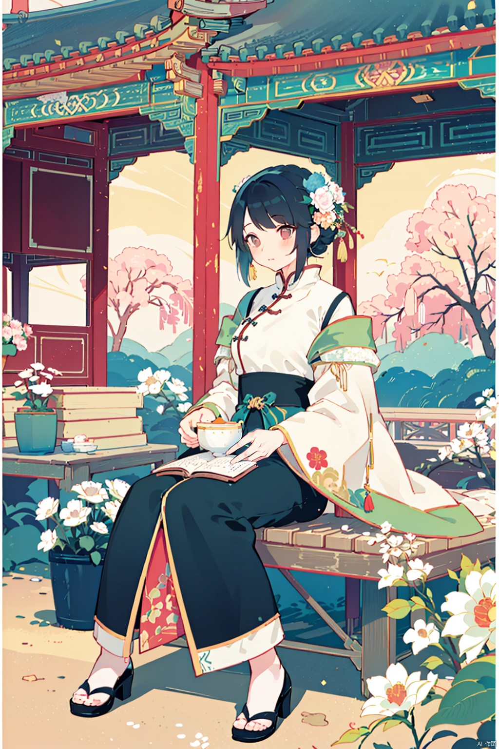 masterpiece, best quality, chinese style, 1girl,  flower,  black hair,  tree,  vase,  architecture,  solo,  sitting,  teapot,  east asian architecture,<lora:EMS-261992-EMS:0.600000>,<lora:EMS-174598-EMS:1.000000>