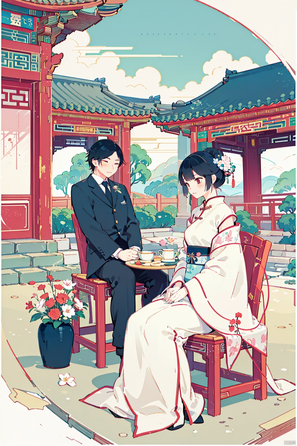 masterpiece, best quality, chinese style, 1girl,  flower,  black hair,  tree,  vase,  architecture,  solo,  sitting,  teapot,  east asian architecture,<lora:EMS-261992-EMS:0.600000>,<lora:EMS-174598-EMS:1.000000>