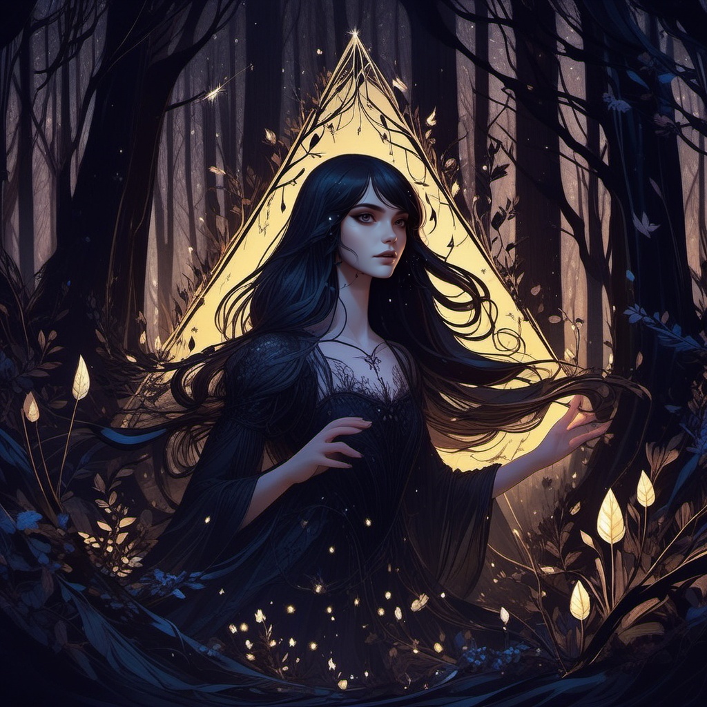1girl,  posed hands,  dark forest,  fireflies,  flowing hair,  illustrative composition,  triangular composition,  ink flow,  dreamy darkness,  gothic fantasy art,  decora_lines,  decora_flowers,  petals,  branches,  character framing,  foreground framing,  leading lines,  light motes,  Decora_SWstyle,<lora:EMS-261918-EMS:0.800000>