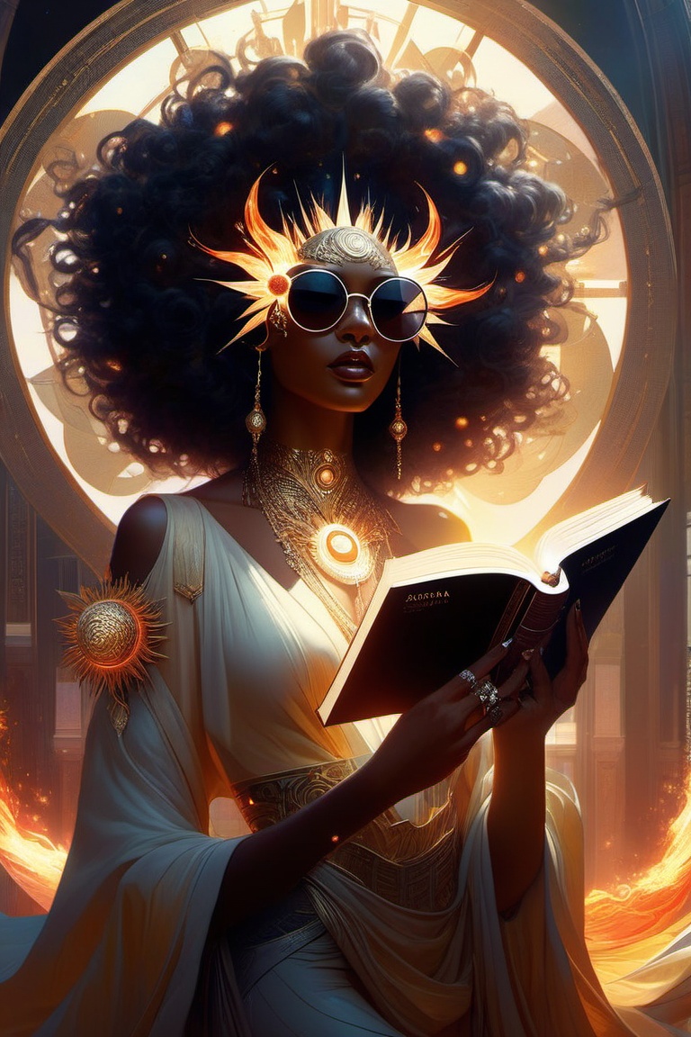 by Sabbas Apterus And Yoshitaka Amano,  aetherpunk Funky Sun and Fire Stylized Eyewear,  fancy,  priestess of sun,  ultra hd digital art,  particles,  blink and you miss it details,  bathed in sunlight,  full body view,  holding a book that radiates with light,  magical realism,  awe,  afrofuturism,  , Decora_SWstyle,<lora:EMS-261918-EMS:0.600000>