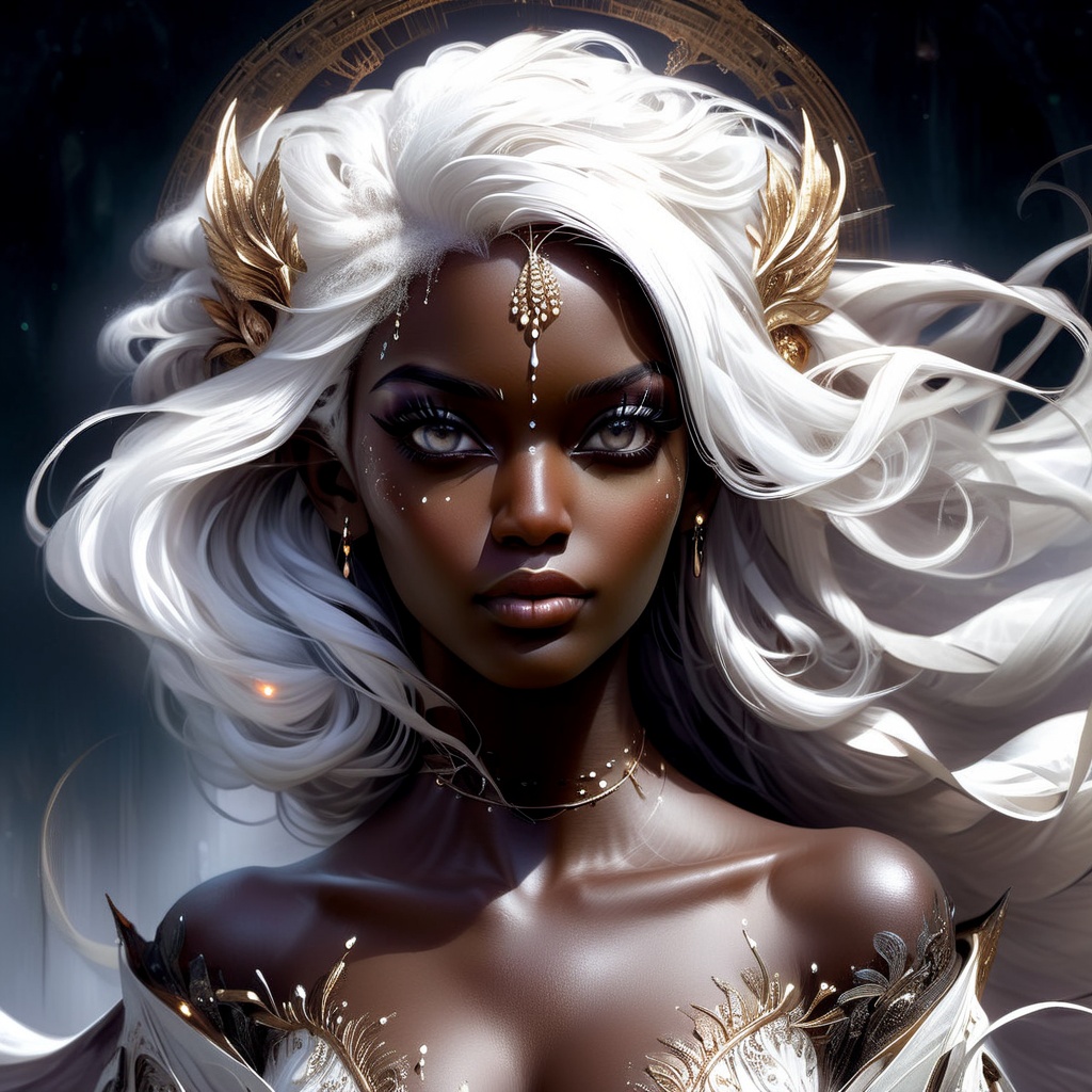 Pinup of a Spiritual drow goddess with white flowing hair and elegant pointed ears,  dark skin,  gorgeous eyes,  large breasts,  slightly parted lips,  long eyelashes,  transparent,  smoky,  ghostly,  dreamlike,  fractal,  magic,  mist,  concept art,  Carne Griffiths and Wadim Kashin,  dynamic lighting,  hyperdetailed,  intricately detailed,  splash screen art,  trending on pinterest,  deep color,  volumetric lighting,  post processing,  intricated pose,  dynamic lighting,  lights,  digital painting,  highly detailed,  cute,  filigree,  intricated,  best quality,  by kentaro miura,  Geof Darrow,  Russ Mills,  Sakimichan,  dramatic atmosphere,  masterpiece,  8k,  Decora_SWstyle,  decora_tech, oil paint,<lora:EMS-261918-EMS:0.800000>,<lora:EMS-79560-EMS:0.400000>,<lora:EMS-82710-EMS:0.600000>