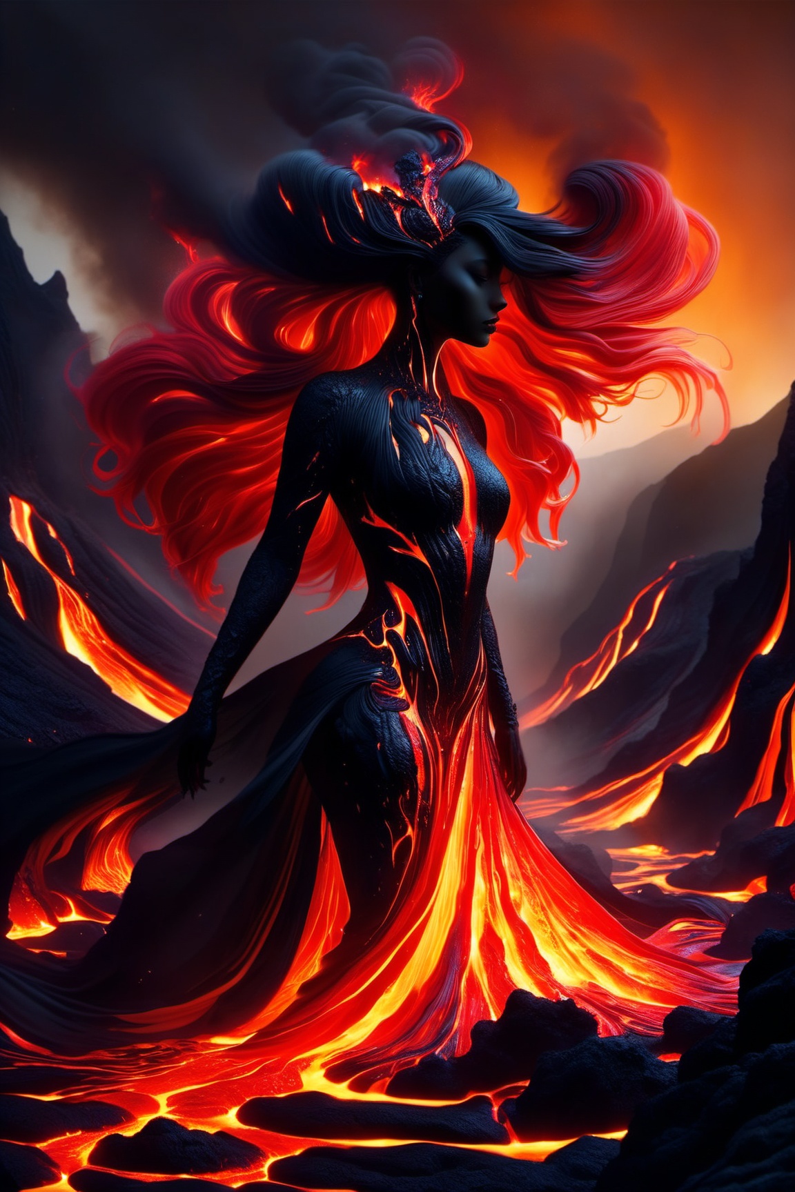 Dark fantasy surrealism :: ominous Inhuman Goddess made of molten lava :: cracks in the skin revealing a fiery glow,  it looks rough and uneven,  hard and brittle,  her body is made of black rock with glowing red cracks :: her hair is like a stream of liquid lava,  flowing down the back and dripping to the ground,  molten_liquid_lava_hair dripping down :: she is crouching on a rocky surface,  emerging from a volcanic eruption ::  rocky landscape with a fiery sky,  lava flows and smoke,  warm colors :: fiery and intense mood,  dark and ominous mood :: lit from below,  creating a sense of drama and intensity,  illuminated by the fire and the smoke :: dynamic and powerful composition,  imposing :: high level of detail,  focus on the figure,  background out of focus,  epic dof :: fantasy art,  gothic art,  cgsociety :: lava and fire goddess made of black rock and flames, Decora_SWstyle, ral-lava,<lora:EMS-32082-EMS:0.700000>,<lora:EMS-261918-EMS:0.800000>,<lora:EMS-90474-EMS:0.700000>