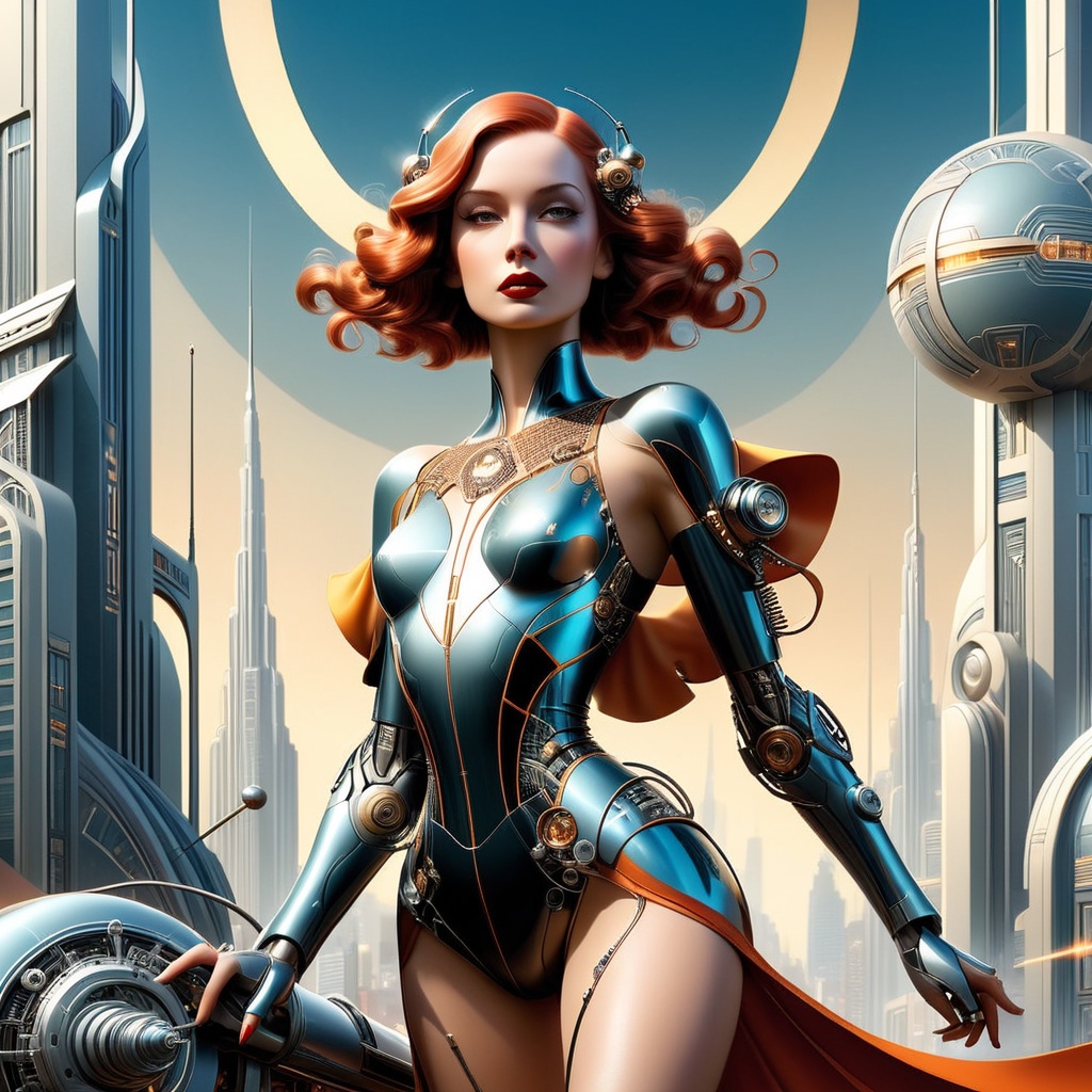 A sharp,  minimalist interpretation of the exquisitely stylized works of stylized works of Erte and Edward Turnbull and Tamara De Lempicka,  focusing on the sleek lines and geometric patterns that define the art deco unique aesthetic,  insanely detailed,  masterpiece,  best quality,  8k,  ultra high res,  High contrast and low saturation,  The futuristic cityscape stretches high up into the sky,  a female cyborg with a beautiful mechanical face,  parts of her body are replaced with mechanical components. The protagonist is a 25-year-old female cyborg with advanced biomechanical enhancements in one arm and one leg,  seamlessly integrated with future technology. In the background,  the city unveils a scene of evolved technology,  where people are building an innovative and dynamic future.,  art deco,  digital render,  ultra clear,  ultra fine,  isometric art,  volumetric,  vivid colors,  art deco patterns lines shapes,<lora:EMS-261918-EMS:0.700000>