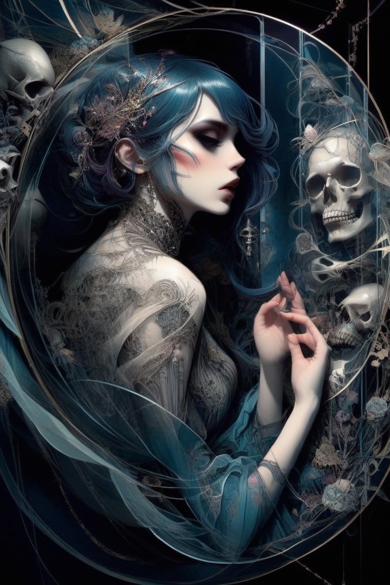 1girl,  hauntingly,  illustrative composition,  fine lines,  decora_bones,  reflection,  echoes,  Decora_SWstyle,<lora:EMS-261918-EMS:0.900000>