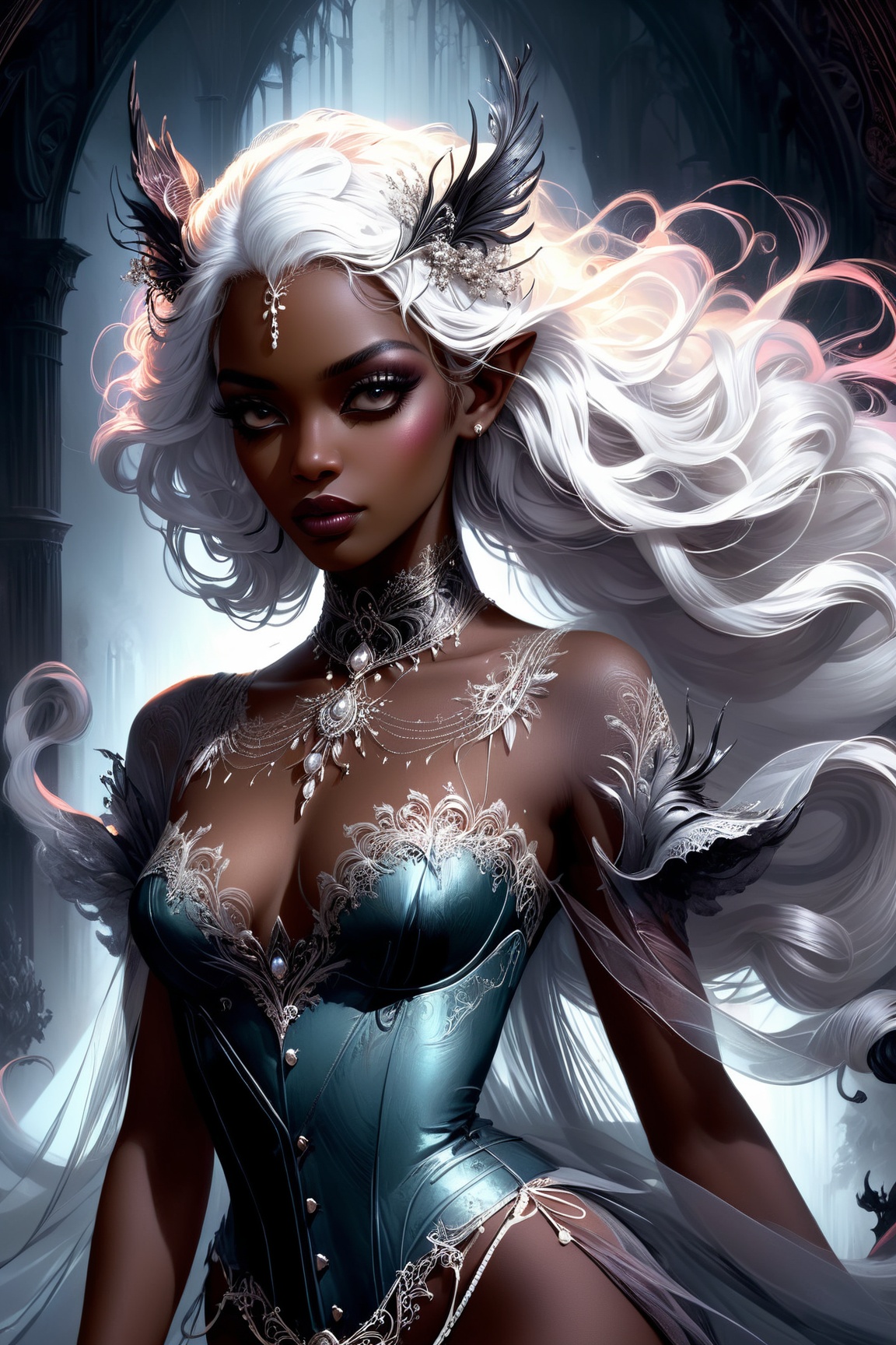 Pinup of a Spiritual drow goddess with white flowing hair and elegant pointed ears,  dark skin,  ornate filigreed savage_beauty_mcqueen corset,  gorgeous eyes,  slightly parted lips,  long eyelashes,  transparent,  smoky,  ghostly,  dreamlike,  fractal,  magic,  mist,  concept art,  Carne Griffiths and Wadim Kashin,  dynamic lighting,  hyperdetailed,  intricately detailed,  splash screen art,  trending on pinterest,  deep color,  volumetric lighting,  post processing,  intricated pose,  dynamic lighting,  lights,  digital painting,  highly detailed,  cute,  filigree,  intricated,  best quality,  by kentaro miura,  Geof Darrow,  Russ Mills,  Sakimichan,  dramatic atmosphere,  masterpiece,  8k,  realism,  Decora_SWstyle,  decora_tech, oil paint,<lora:EMS-261918-EMS:0.800000>,<lora:EMS-79560-EMS:0.300000>,<lora:EMS-82710-EMS:0.500000>