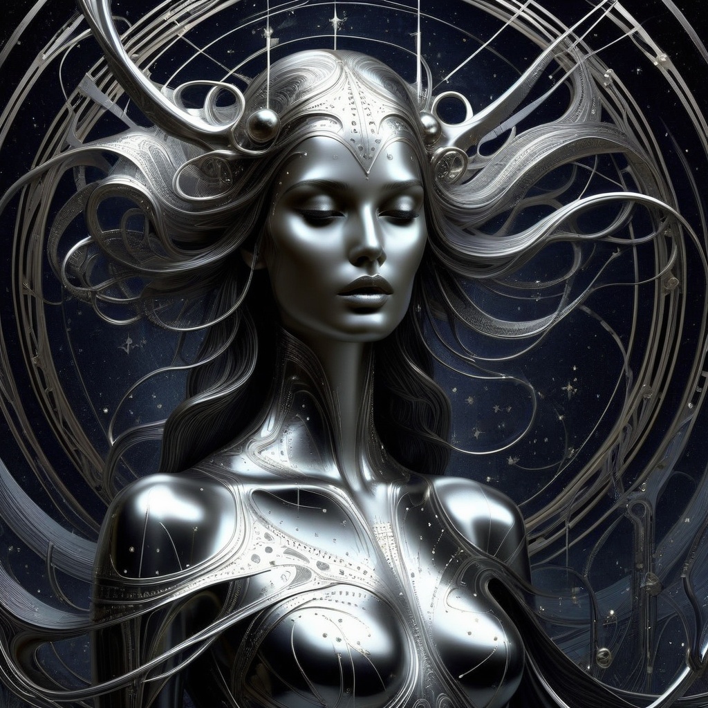 art piece made of metal,  Sculpted and etched metal,  A constellation,  eldritch pisces,  young goddess wearing liquid metal by hr giger,  3D,  line art,  starry background,  dreaminess,  digital surrealism illustration,  lowbrow art movement,  exquisite illustration,  hauntingly beautiful art,  amazing movement,  perfect flowing composition,  leading lines,  illusions,  reflections,  subsurface scattering,  metallic shiny,<lora:EMS-32082-EMS:0.300000>,<lora:EMS-261918-EMS:0.700000>