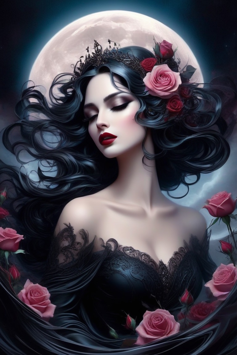 Gothic fairytale,  paint flow,  elegant,  haloed by the moon,  roses,  swirling lines,  abstraction,  conceptual,  realistic face,  beautiful,  Decora_SWstyle,<lora:EMS-261918-EMS:0.700000>