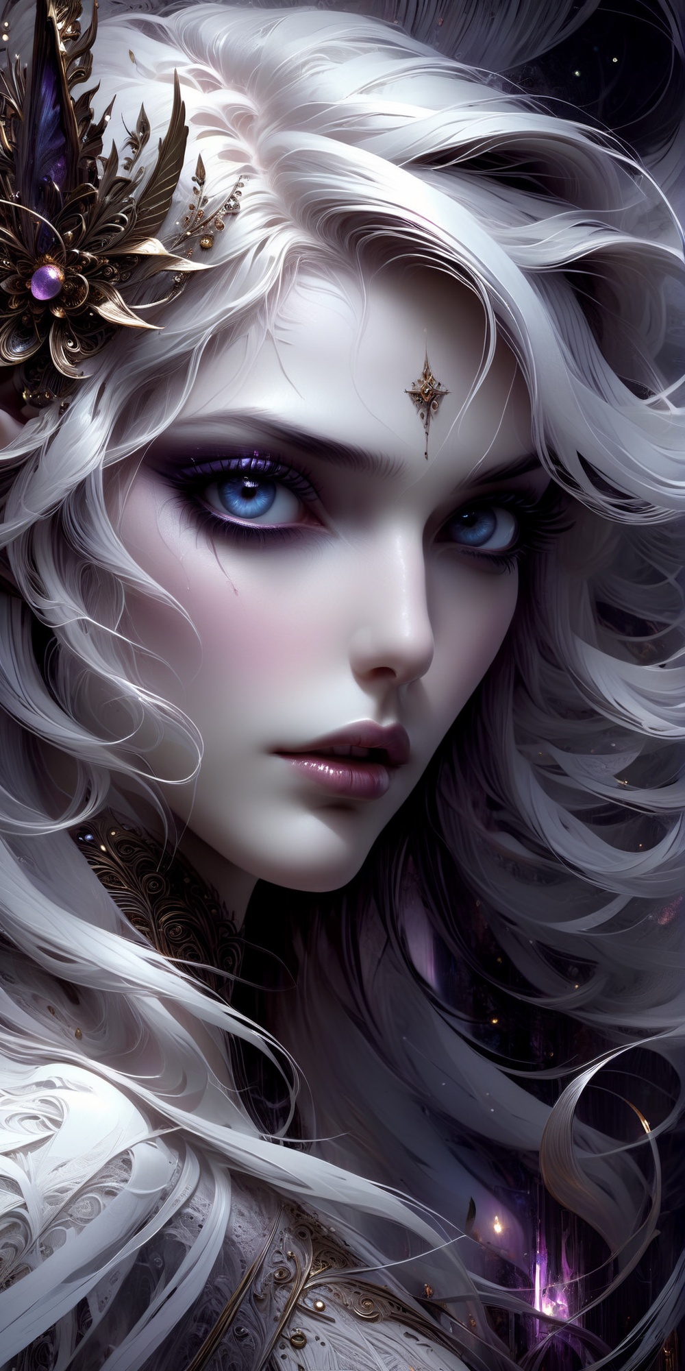 Close up of a Spiritual drow goddess with white flowing hair and elegant pointed ears,  gorgeous eyes,  large breasts,  slightly parted lips,  long eyelashes,  transparent,  smoky,  ghostly,  dreamlike,  fractal,  magic,  mist,  concept art,  Carne Griffiths and Wadim Kashin,  dynamic lighting,  hyperdetailed,  intricately detailed,  splash screen art,  trending on pinterest,  deep color,  volumetric lighting,  post processing,  intricated pose,  dynamic lighting,  lights,  digital painting,  highly detailed,  cute,  filigree,  intricated,  best quality,  by kentaro miura,  Geof Darrow,  Russ Mills,  Sakimichan,  dramatic atmosphere,  masterpiece,  8k,  Decora_SWstyle,  decora_tech, oil paint,<lora:EMS-79560-EMS:0.400000>,<lora:EMS-82710-EMS:0.600000>,<lora:EMS-261918-EMS:0.800000>