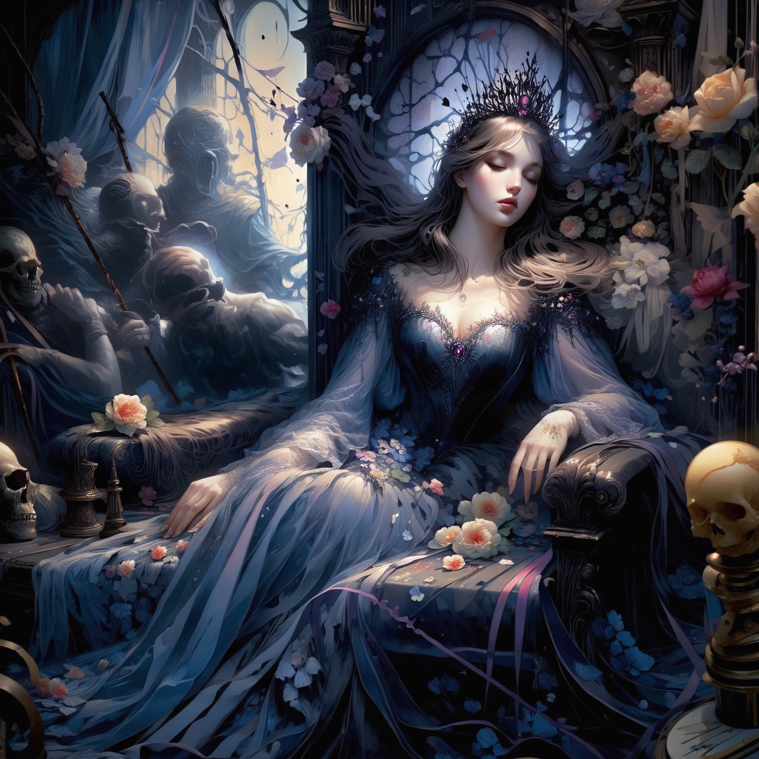 "Dark fantasy,  sleeping beauty,  window,  apocalyptic world,  (she slept through the end of the world),  gothic fairytale,  Masterpiece,  Intricate,  Insanely Detailed,  Art by anna dittmann,  Kim Jung Gi,  Gregory Crewdson,  Yoji Shinkawa,  Guy Denning,  Ink Drip,  Paint Splatter,  Textured!!!!,  Chiaroscuro!!",  actionpainting,  Decora_SWstyle, eyes shoot,<lora:EMS-261918-EMS:0.800000>,<lora:EMS-32082-EMS:0.700000>