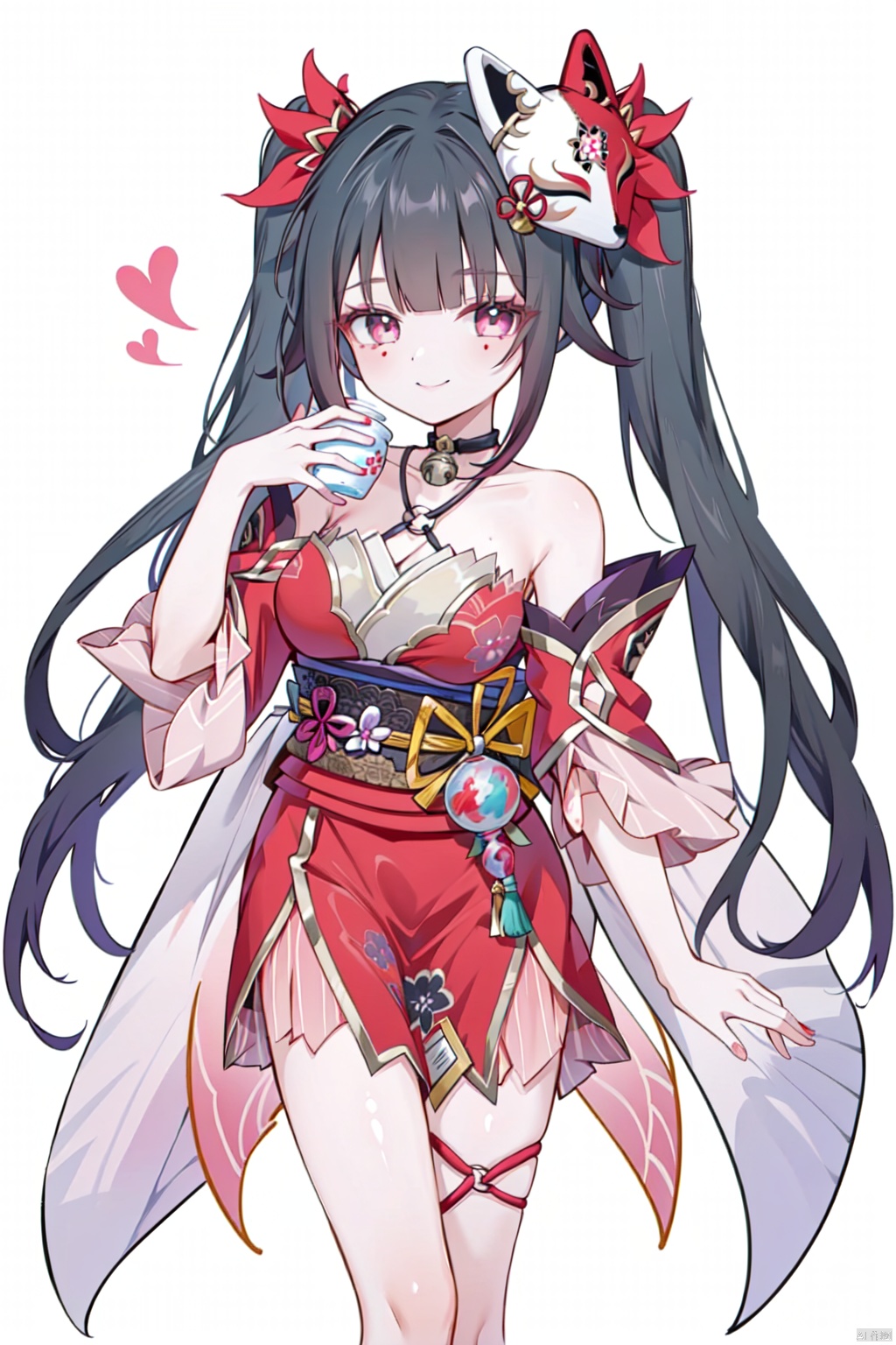 sparkle \\\(honkai: star rail\\\),1girl,solo,mask,twintails,fish,long hair,fox mask,smile,japanese clothes,bare shoulders,kimono,choker,bangs,cleavage,