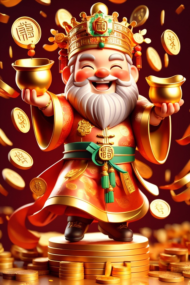 God of wealth, full body, lots of gold coins falling, gold coins shining, festive atmosphere, solo, blush, smile, smiling eyes, male focus, wide sleeves, beard, hat, Chinese dress, crown, beard, 3D modeling and rendering, high definition, detail enhancement,facai