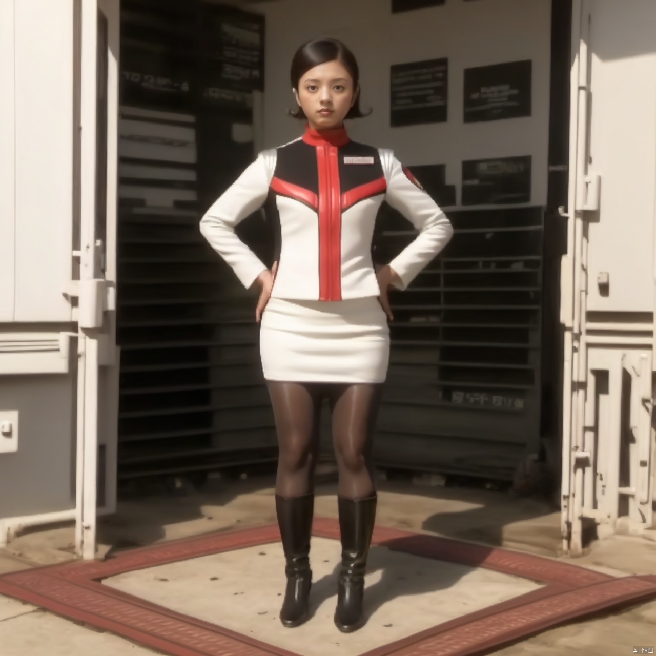  (masterpiece:1.3),(the best quality:1.2),(super fine illustrations:1.2),(Masterpiece),high quality,high detail,(white background:1.2),looking at viewer,(SOLO:1.4),outline,simple background,fullbody,, boots,pencil skirt,skirt,pantyhose,jacket,uniform,armor,logo,military uniform,emblem,belt,