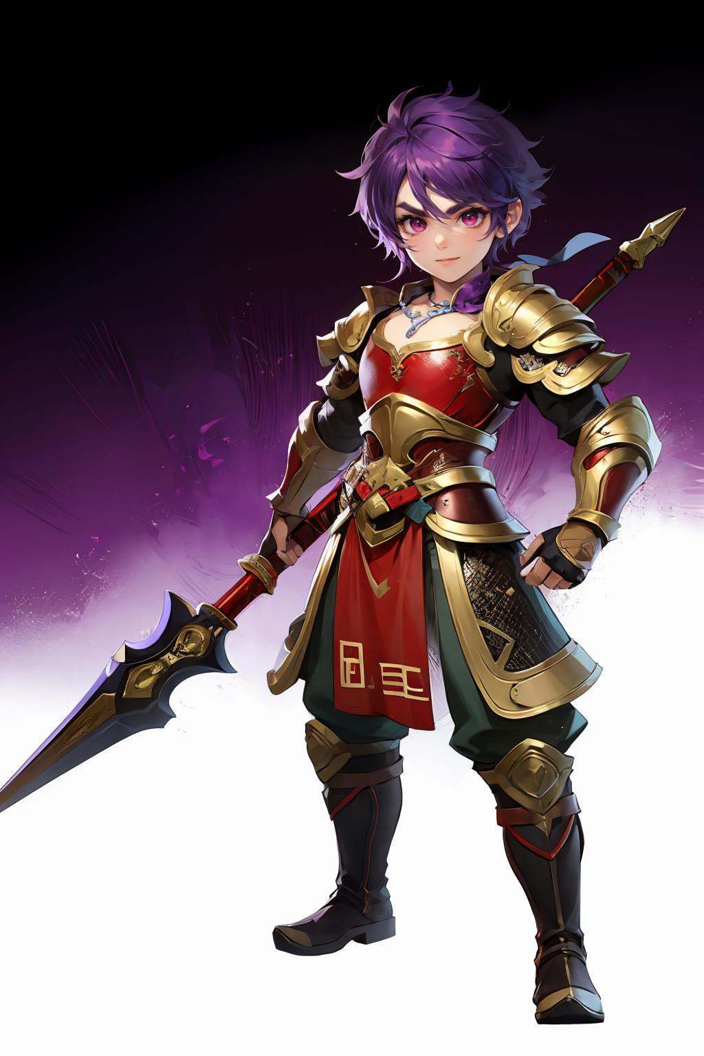 HEZI，Fantasy westward Journey, Chinese style, chivalry, ancient costume, solo, 1boy, male focus, purple hair, gloves, white background, full body, fingerless gloves, purple eyes, simple background, staff, looking at viewer, armor, smile, standing, weapon, clenched hand, jewelry, holding, boots, necklace, red eyes, pants, shoulder armor, pink eyes, pectorals, short hair, thick eyebrows<lora:中国风人物设计-000006:0.7>,