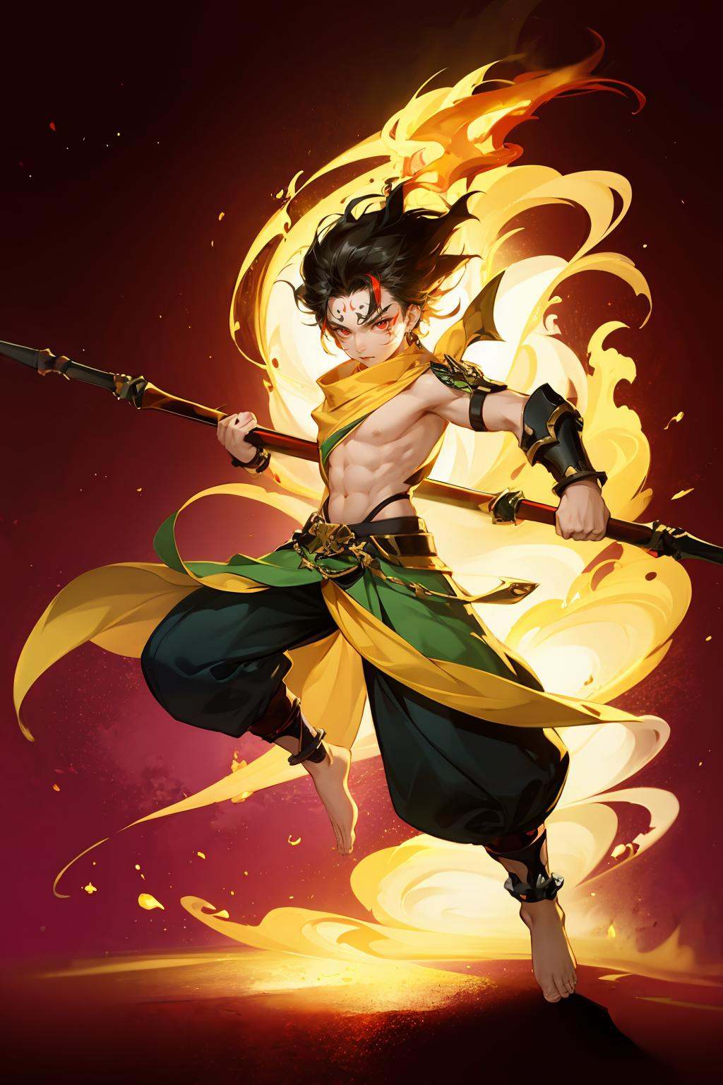 HEZI,Fantasy westward Journey,Chinese style,chivalry,ancient costume,1boy,solo,polearm,weapon,male focus,extra arms,white background,jewelry,red eyes,red hair,simple background,pants,fire,holding weapon,holding polearm,bracelet,holding,spear,armlet,glowing,full body,looking at viewer,facial mark,barefoot,necklace,tattoo,baggy pants,earrings,black pants,glowing eyes,topless male,standing,anklet,fighting stance,bracer,multicolored hair,forehead mark,trident,clenched hand,standing on one leg,scarf,spiked hair,ring,orange hair,puffy pants,black hair,abs,closed mouth,short hair,<lora:中国风人物设计-000006:0.7>,