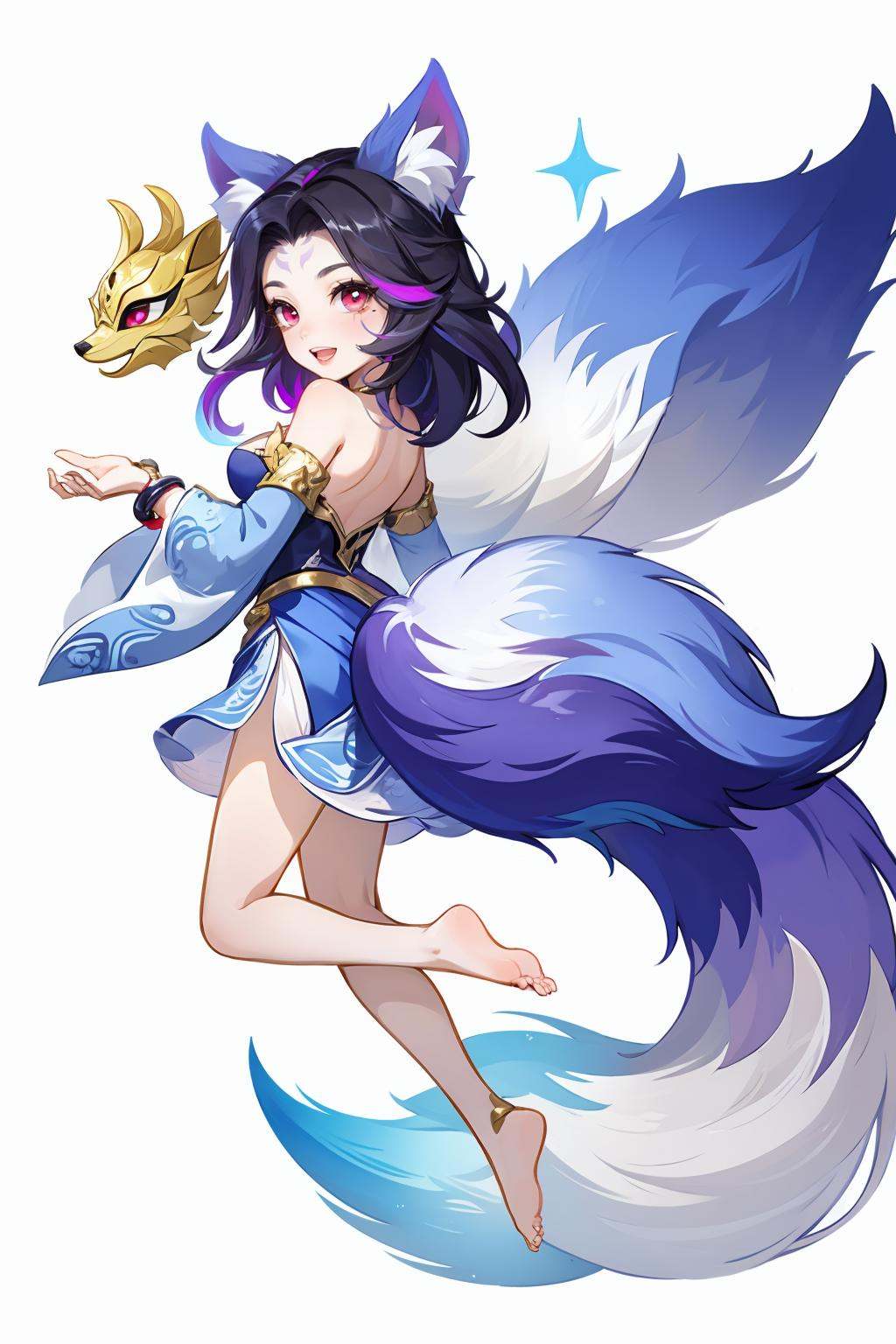 HEZI，Fantasy westward Journey, Chinese style, chivalry, ancient costume, 1girl, fox tail, fox ears, tail, long hair, solo, bangs, smile, animal ears, white background, black hair, simple background, barefoot, looking at viewer, bare shoulders, dress, ahri \(league of legends\), red eyes, parted bangs, fox girl, jewelry, from side, multiple tails, full body, detached sleeves, breasts, blue dress, mask, multicolored hair, facial mark, official alternate costume, bracelet, two-tone hair, shiny hair, floating, shiny, :d, looking back, long sleeves, sparkle, mask on head, kitsune, hair ornament, pink eyes, strapless dress, medium breasts, blush, hand up, closed mouth, teeth, strapless, animal ear fluff, purple hair, fox, looking to the side, open mouth, parted lips, whisker markings,<lora:中国风人物设计-000006:0.7>,