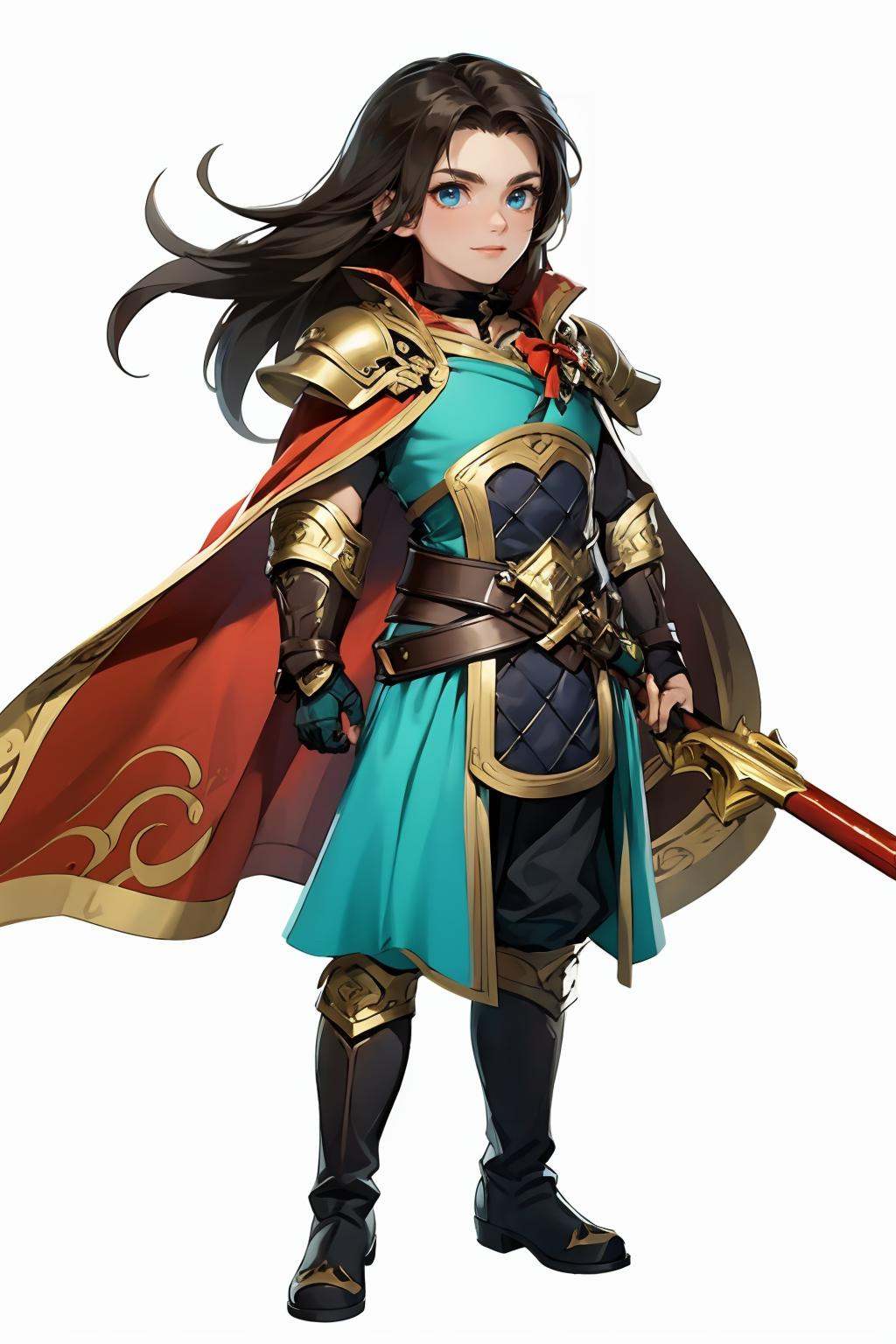 HEZI，Fantasy westward Journey, Chinese style, chivalry, ancient costume, solo, 1boy, male focus, blue eyes, long hair, brown hair, boots, gloves, full body, armor, white background, simple background, weapon, cape, smile, gauntlets, knee boots, choker, aged down, looking at viewer, clenched hand, standing, belt, pants, black hair, vambraces, chibi, tabard, black footwear,<lora:中国风人物设计-000006:0.7>,
