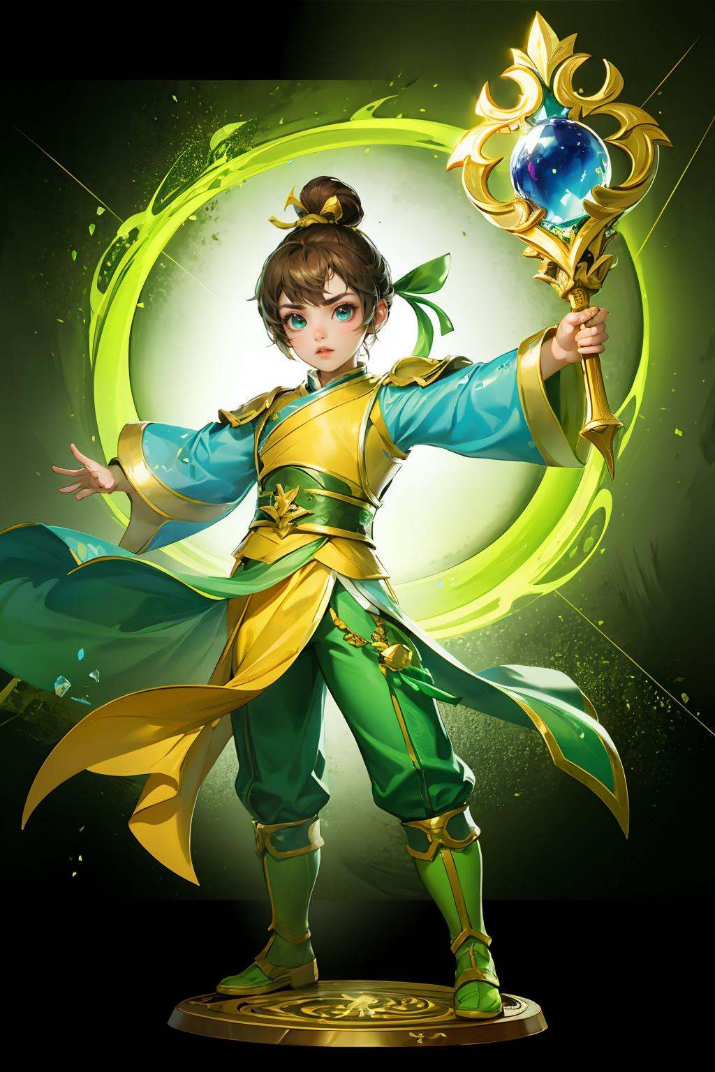 HEZI，Fantasy westward Journey, Chinese style, chivalry, ancient costume, 1boy, solo, male focus, pants, green pants, white background, blue eyes, brown hair, staff, simple background, hair ornament, green footwear, looking at viewer, hair bun, long sleeves, boots, gem, bangs, full body, holding staff, single hair bun, crystal, outstretched arms, ribbon, flower, orb, hair flower, green ribbon, hair ribbon, holding, chinese clothes, closed mouth, green theme, wide sleeves, sash, blonde hair, short hair, armor, glowing, parted lips, artist name, hair stick, shiny, serious, magic, sidelocks, lips, floating, shiny hair, standing, jewelry, leg up, watermark, v-shaped eyebrows, shirt,<lora:中国风人物设计-000006:0.7>,