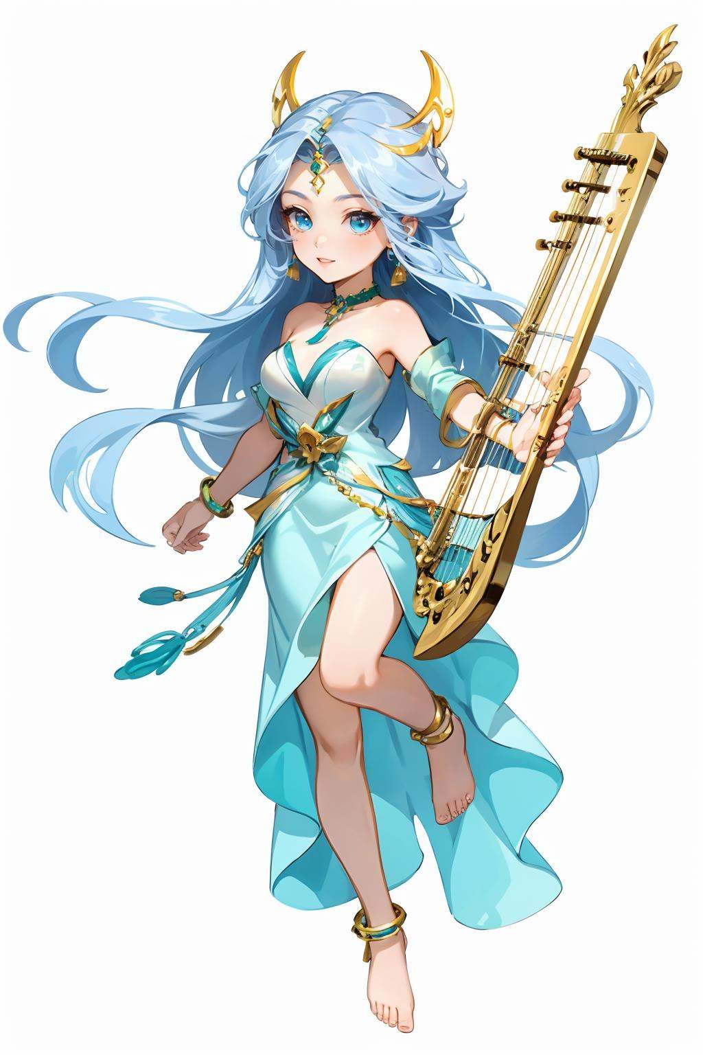 HEZI,Fantasy westward Journey,Chinese style,chivalry,ancient costume,1girl,instrument,jewelry,long hair,solo,blue eyes,anklet,earrings,full body,white background,barefoot sandals,barefoot,dress,smile,blue hair,bracelet,simple background,looking at viewer,white dress,harp,holding instrument,necklace,holding,standing,very long hair,standing on one leg,breasts,circlet,music,white hair,small breasts,bare shoulders,closed mouth,strapless,bangs,playing instrument,gem,choker,purple dress,dancer,hair ornament,parted bangs,bangle,toes,light blue hair,toe ring,<lora:中国风人物设计-000006:0.7>,