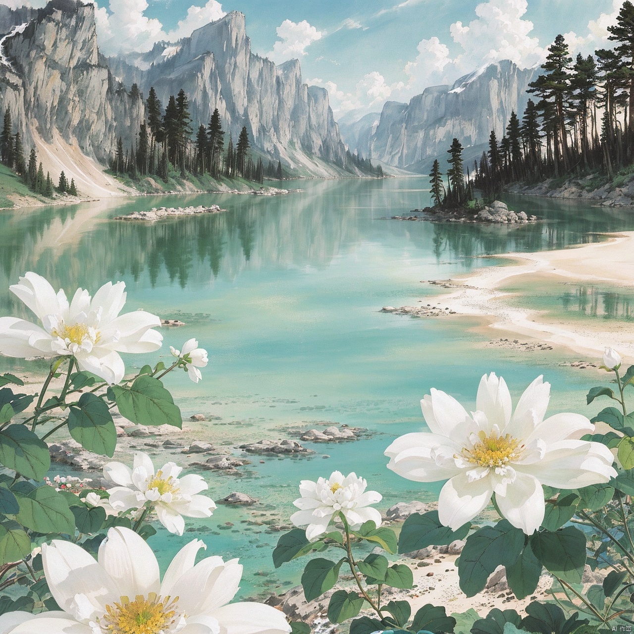  (official art, 8k wallpaper, ultra detailed, High quality, best quality),white flowers,shuimo,outdoors,lake,mountain,water,
