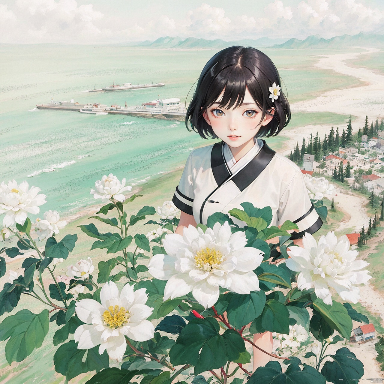  (official art, 8k wallpaper, ultra detailed, High quality, best quality),white flowers,1girl,from above,bird's-eye_view, yinyou, shuimo