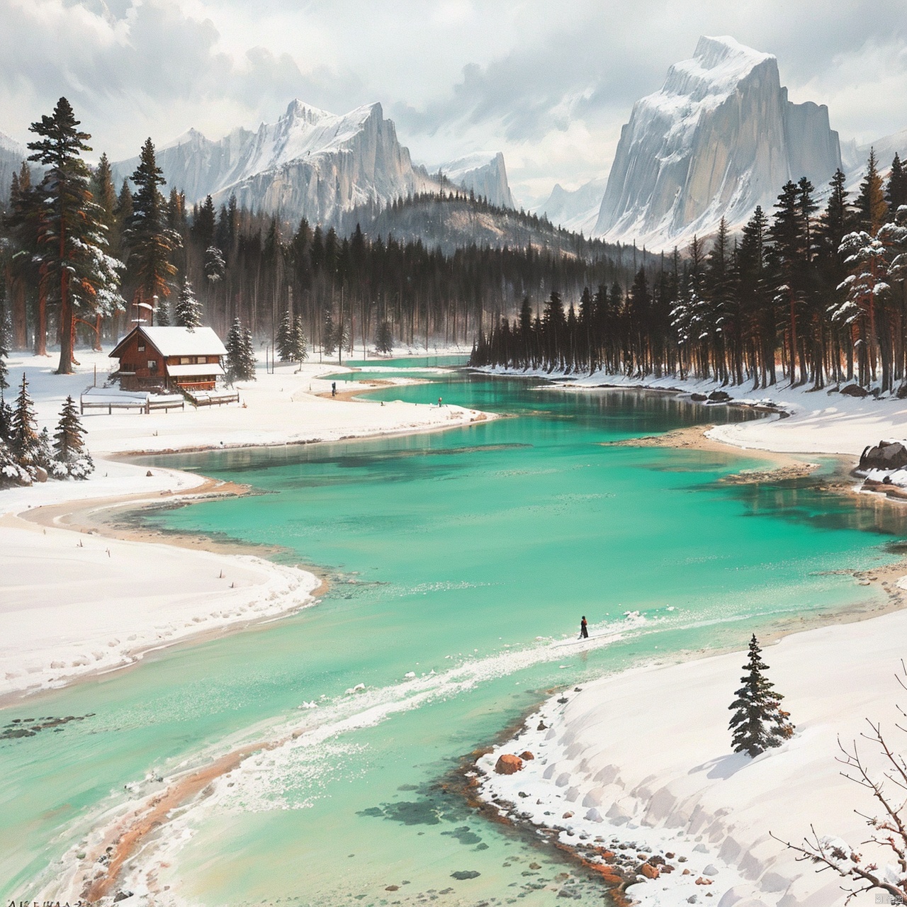  (official art, 8k wallpaper, ultra detailed, High quality, best quality),snow,shuimo,outdoors,lake,mountain,water,