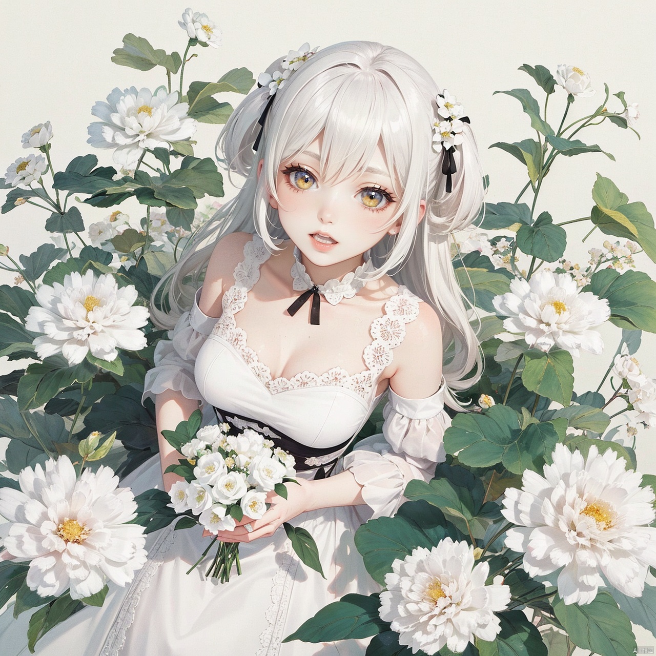  (official art, 8k wallpaper, ultra detailed, High quality, best quality),white flowers,1girl,from above, yinyou, shuimo