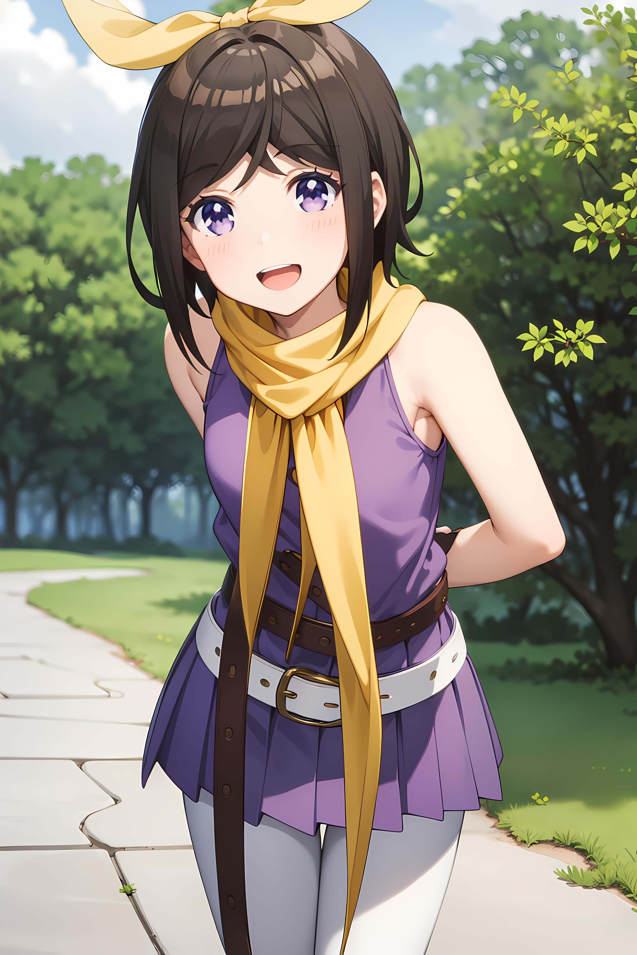 best quality, masterpiece, detailed,<lora:ImoutoSaeIrebaIi_HashimaChihiro:0.9>, HashimaChihiro,solo, open mouth, smile,short hair, brown hair, purple eyes, hair bow, yellow bow,ChihiroRPH, (purple shirt:1.2), purple skirt, bare shoulders, white pantyhose, belt, white belt, yellow scarf,standing, arms behind back, leaning forward, looking at viewer,outdoors, forest, day
