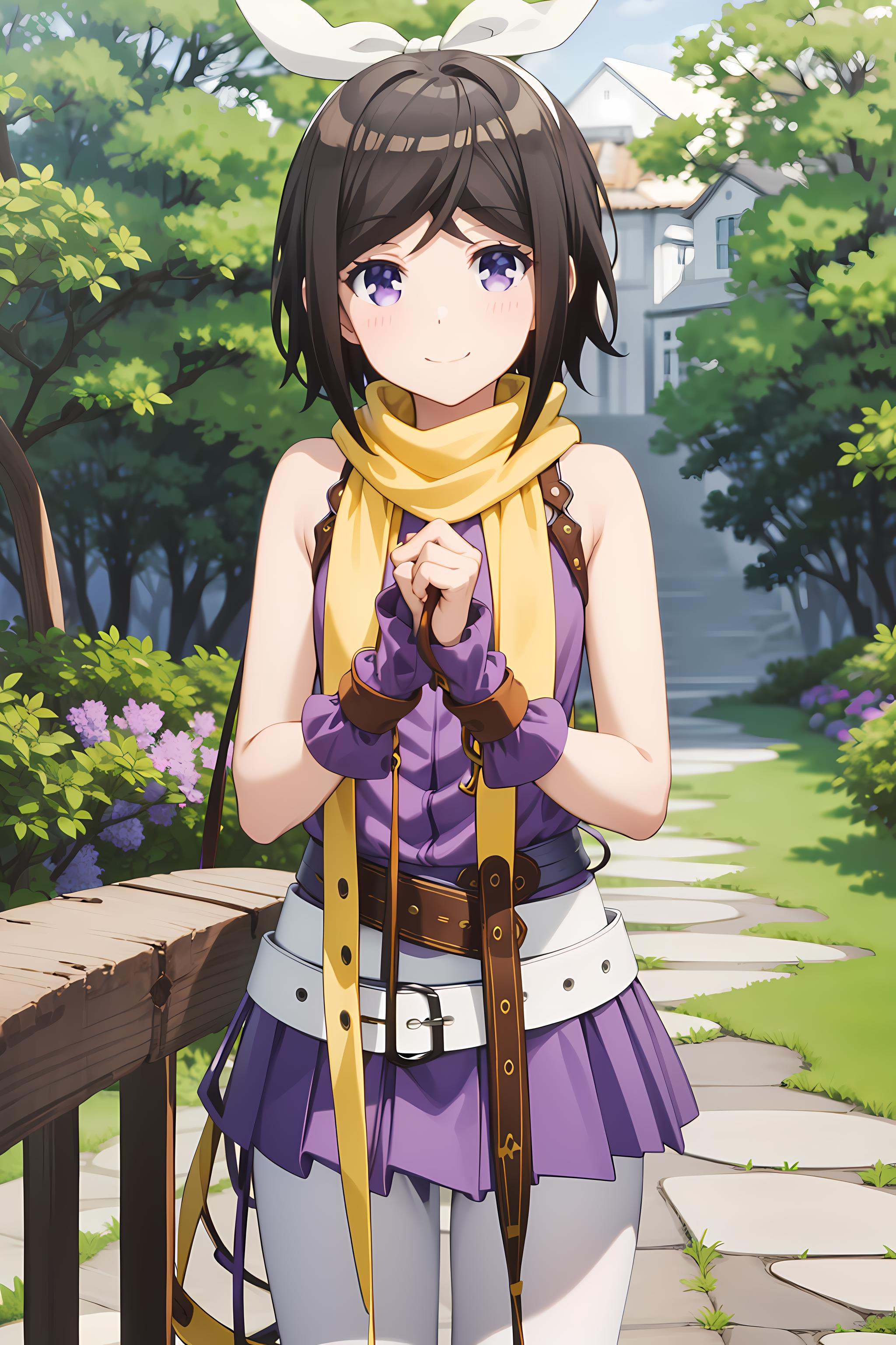 best quality, masterpiece, detailed,<lora:ImoutoSaeIrebaIi_HashimaChihiro:0.9>, HashimaChihiro,solo, closed mouth, smile,short hair, brown hair, purple eyes, hair bow, yellow bow,ChihiroRPH, yellow scarf, white pantyhose, belt, white belt, purple shirt, purple skirt, sleeveless, arm warmers,standing, looking at viewer,outdoors, forest, day