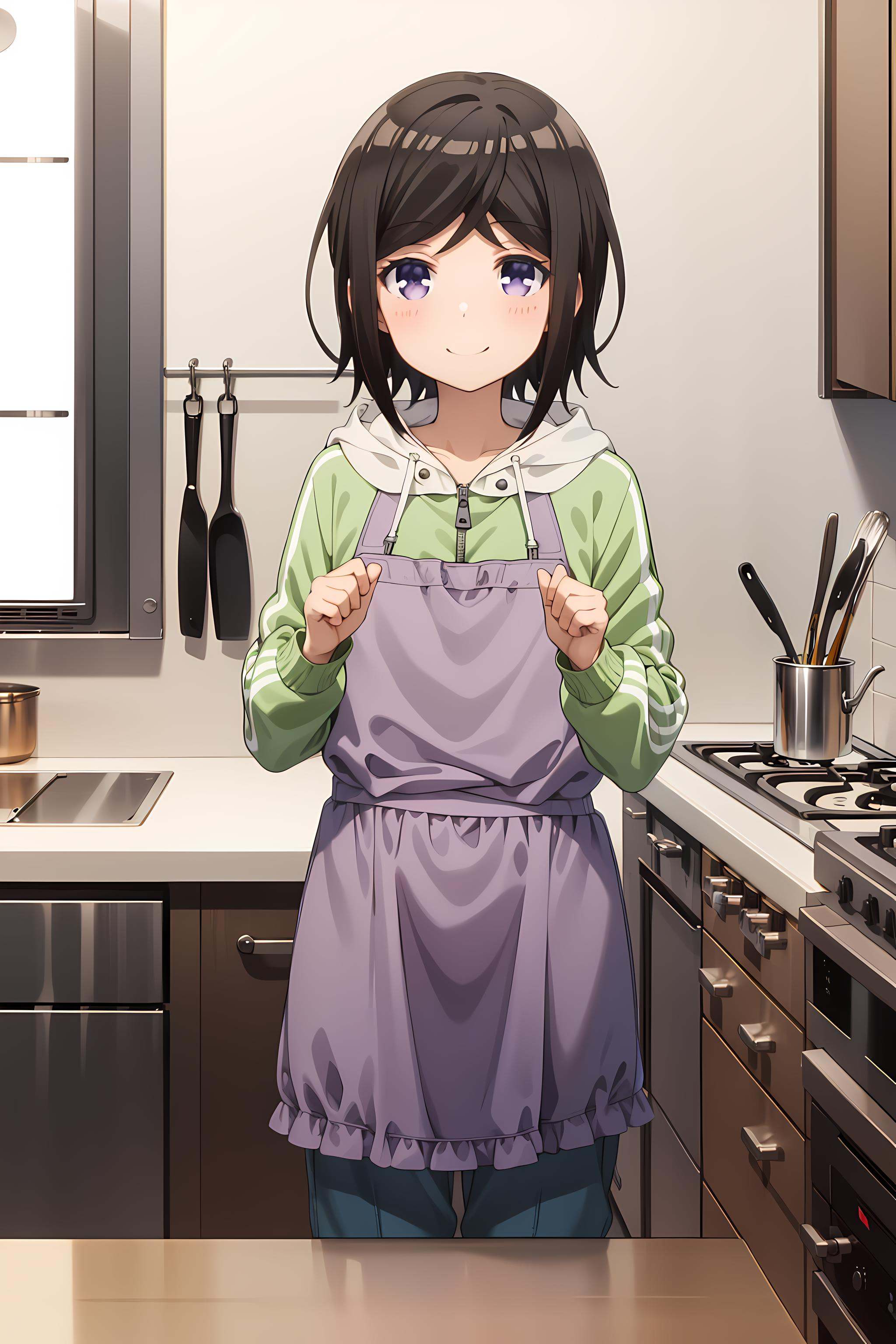 best quality, masterpiece, detailed,<lora:ImoutoSaeIrebaIi_HashimaChihiro:0.9>, HashimaChihiro,solo, closed mouth, smile,short hair, brown hair, purple eyes,ChihiroCasual, jacket, hood, pants, denim, purple apron,standing, looking at viewer,indoors, kitchen, stove