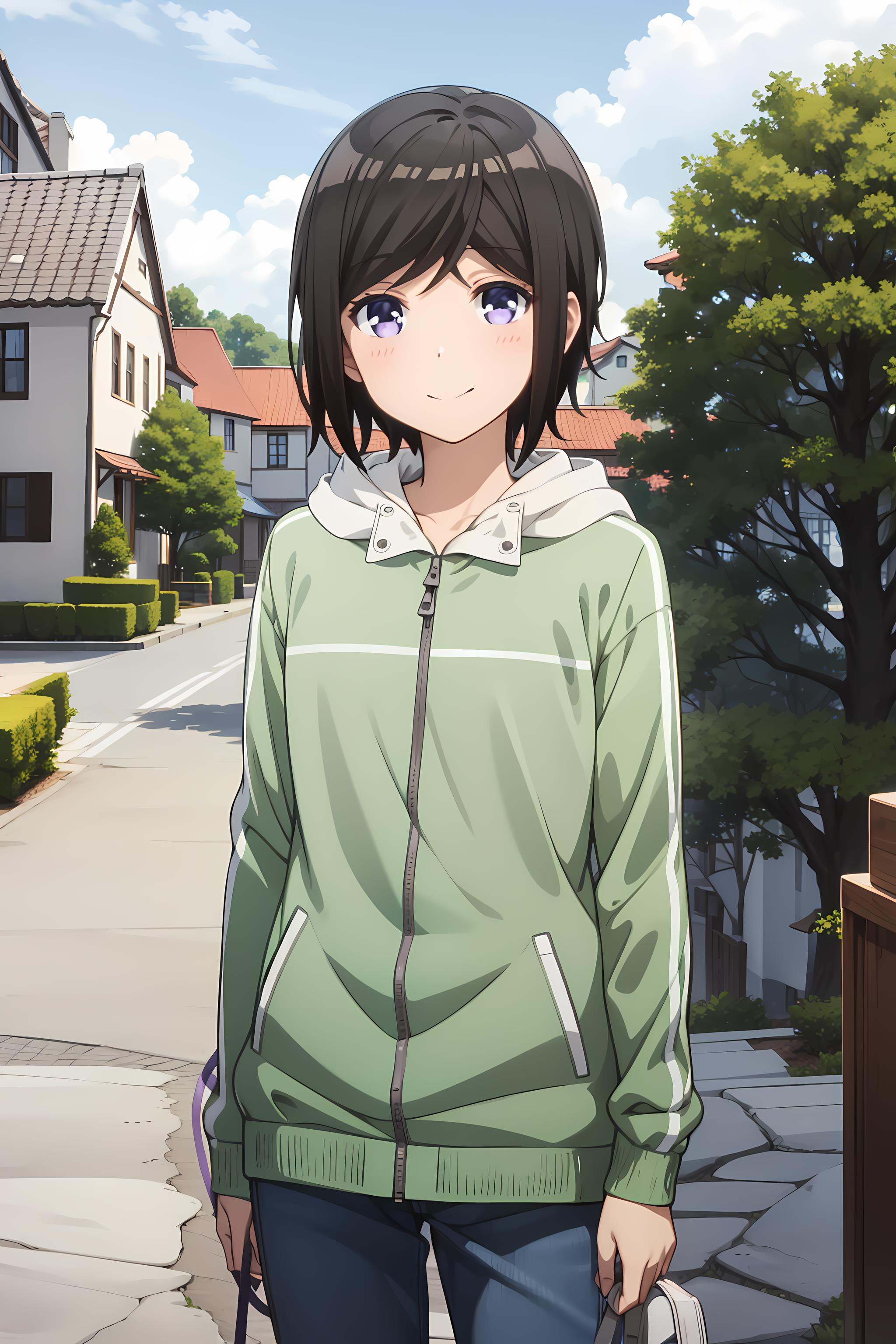 best quality, masterpiece, detailed,<lora:ImoutoSaeIrebaIi_HashimaChihiro:0.9>, HashimaChihiro,solo, closed mouth, smile,short hair, brown hair, purple eyes,ChihiroCasual, jacket, hood, pants, denim,standing, looking at viewer,outdoors, street, house, day, tree